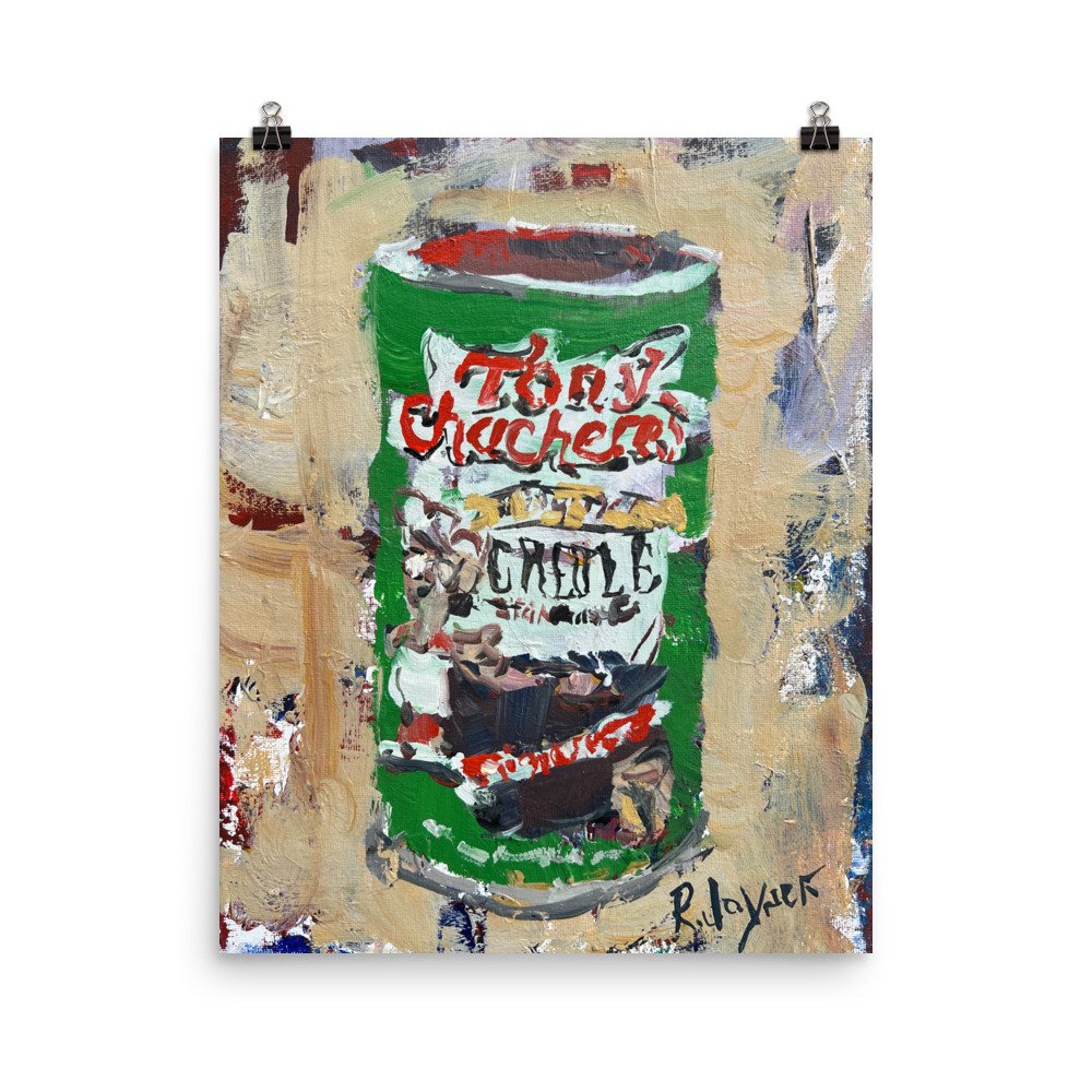 Loose expressive painting of Tony Chachere's seasoning can in green and red with abstract brushstrokes - kitchen wall art print hanging from clips