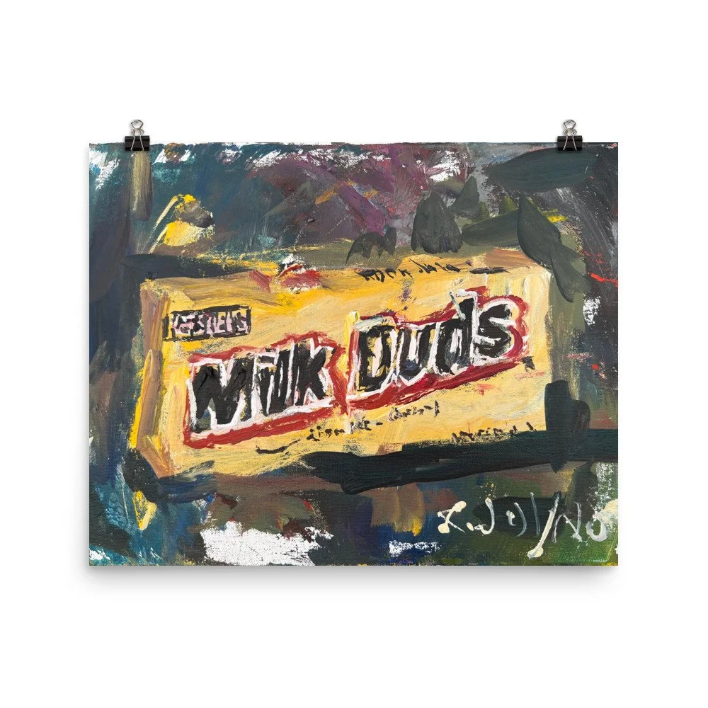 Loose expressive painting of Milk Duds candy box in yellow and red with abstract brushstrokes - kitchen wall art print hanging from clips