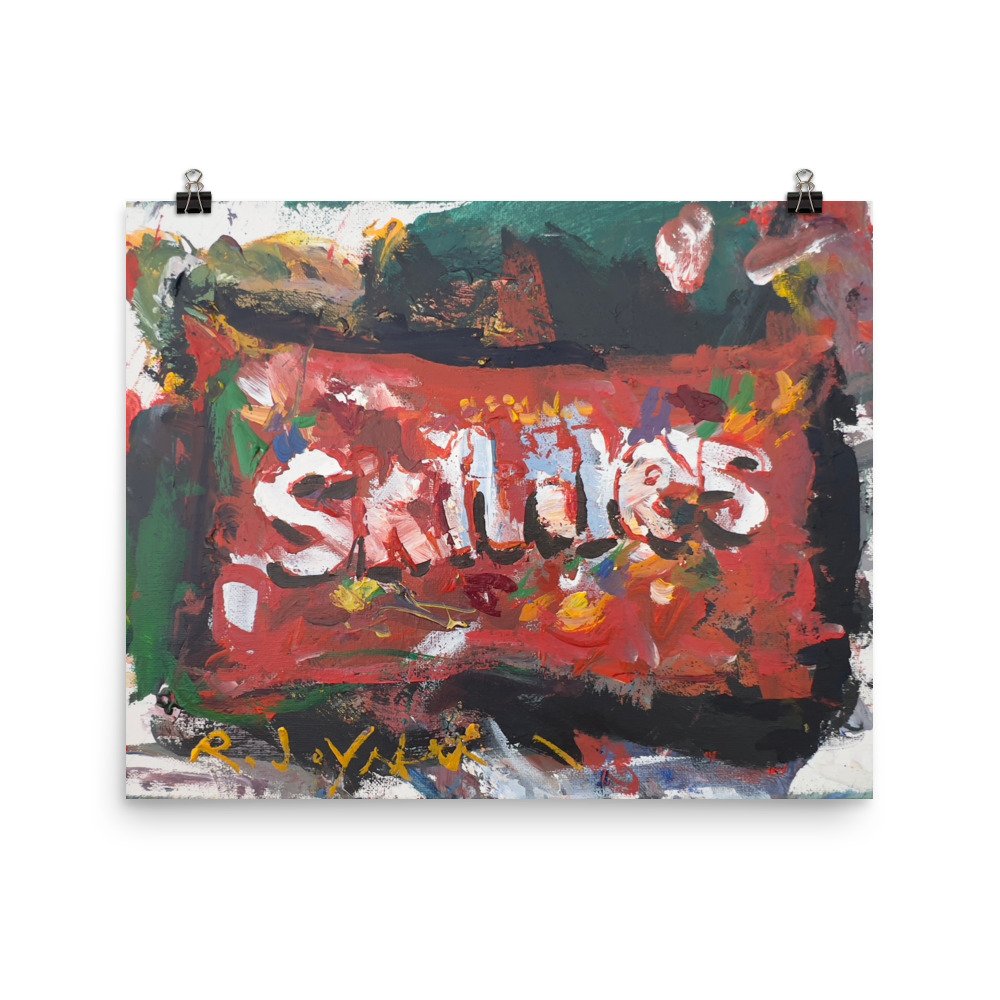 Loose expressive painting of Skittles candy bag in red with abstract brushstrokes - kitchen wall art print hanging from clips
