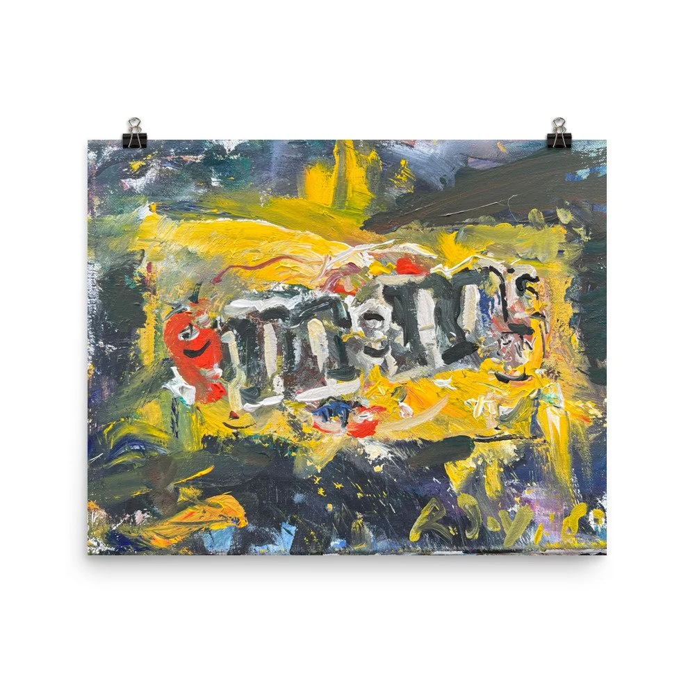 Loose expressive painting of Peanut M&M's candy bag in yellow with abstract brushstrokes - kitchen wall art print hanging from clips