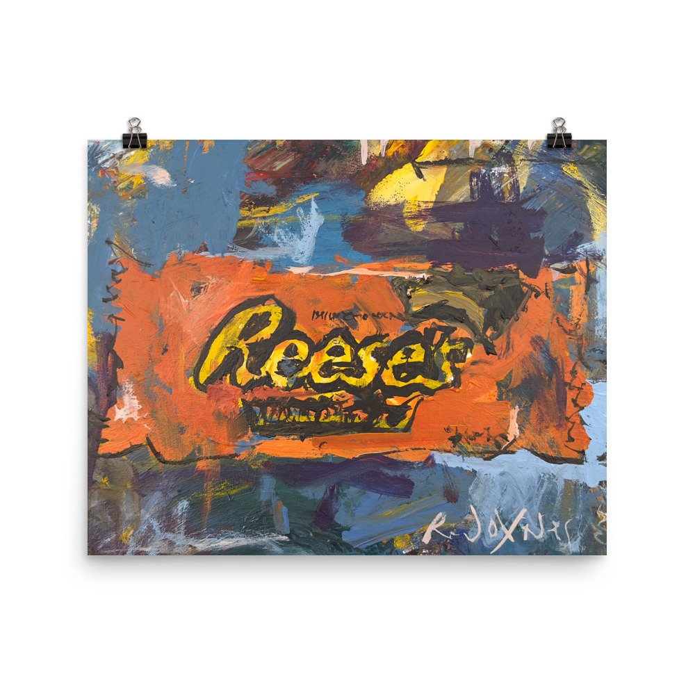 Loose expressive painting of Reese's Peanut Butter Cups package in orange and yellow with abstract brushstrokes - kitchen wall art print hanging from clips