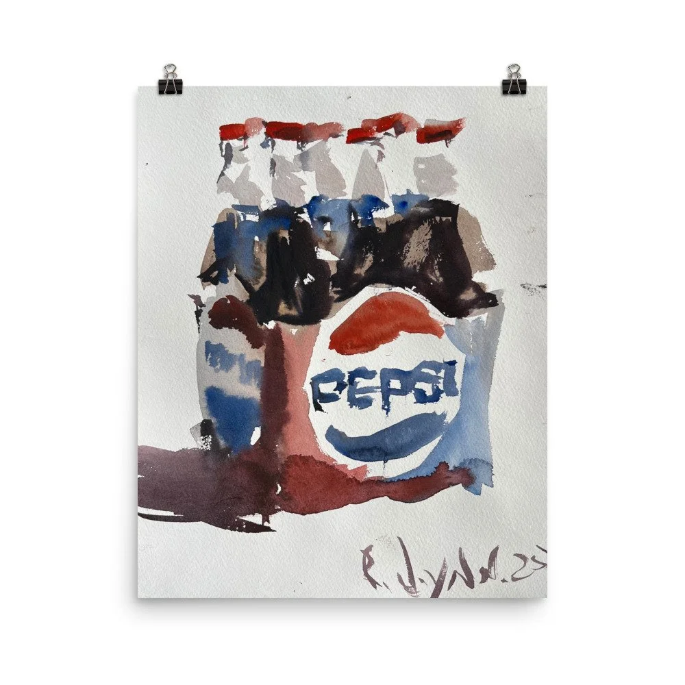 Loose expressive watercolor painting of Pepsi Cola six-pack bottles in red, white, and blue on white background - kitchen wall art print hanging from clips