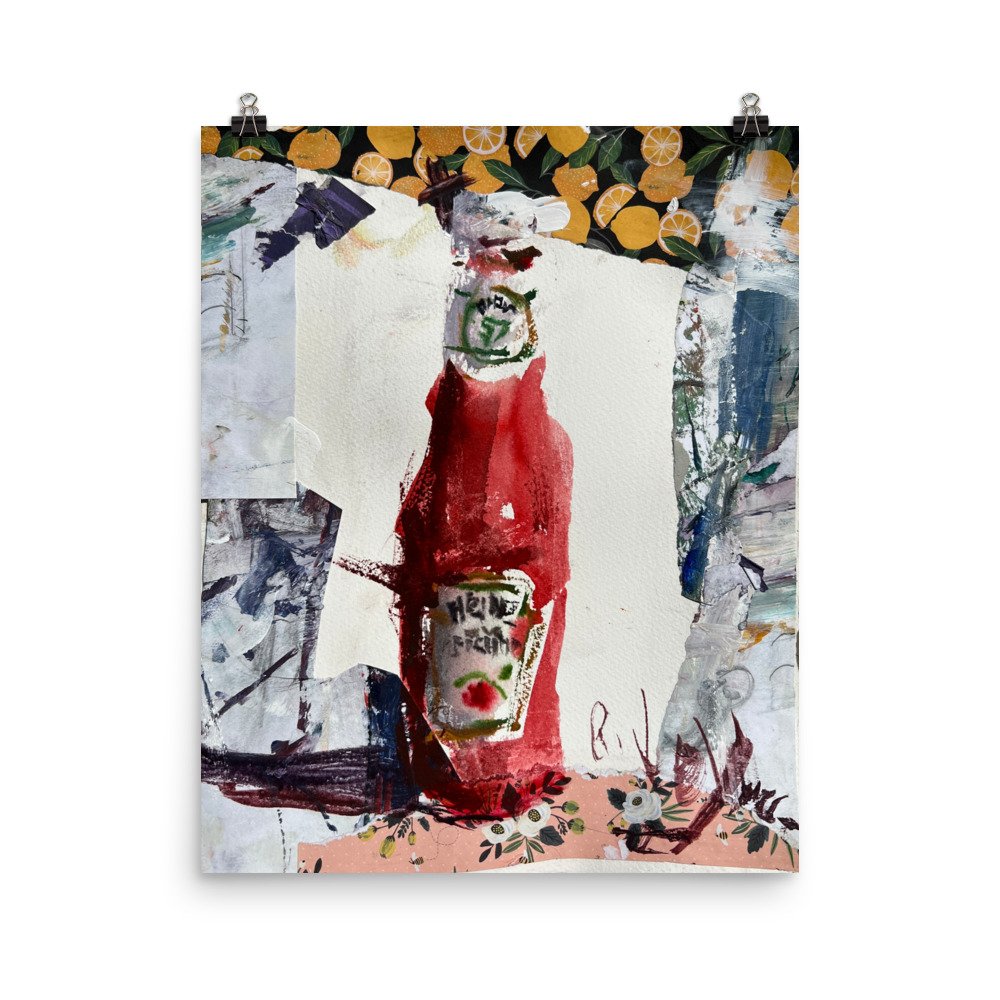 Watercolor painting of Ketchup bottle with collage lemon and floral border - mixed media kitchen wall art print hanging from clips