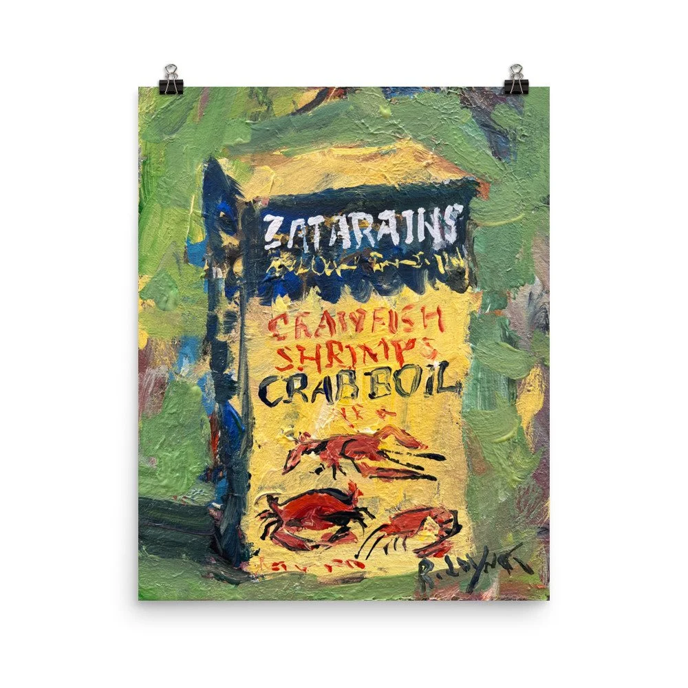 Loose expressive painting of Zatarain's crawfish boil seasoning box in yellow with red crabs on green background - kitchen wall art print hanging from clips