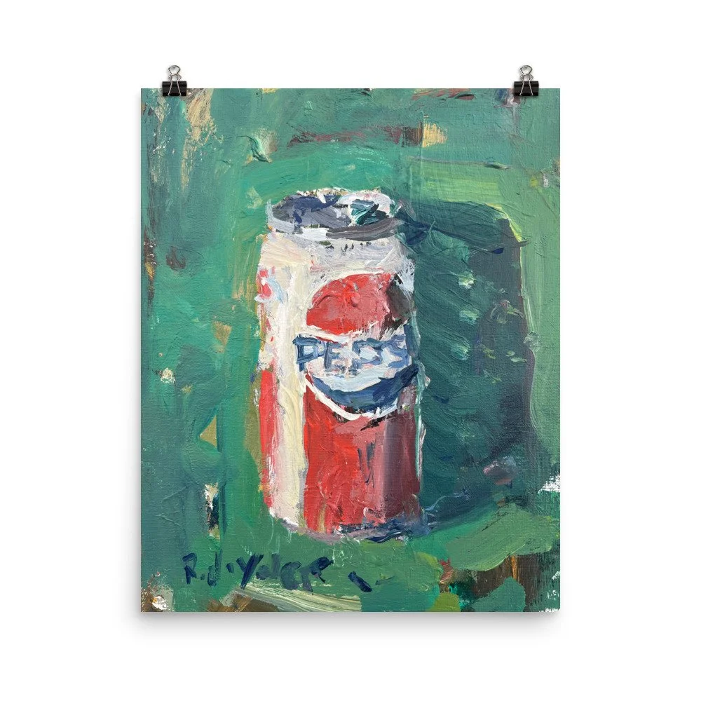 Loose expressive painting of a Pepsi Cola can with bold blue tones and painterly brushwork – pop art style kitchen wall art print hanging from clips