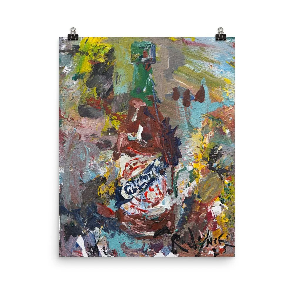 Loose expressive painting of a Crystal Hot Sauce bottle with green cap and layered brushwork – Southern kitchen wall art print hanging from clips