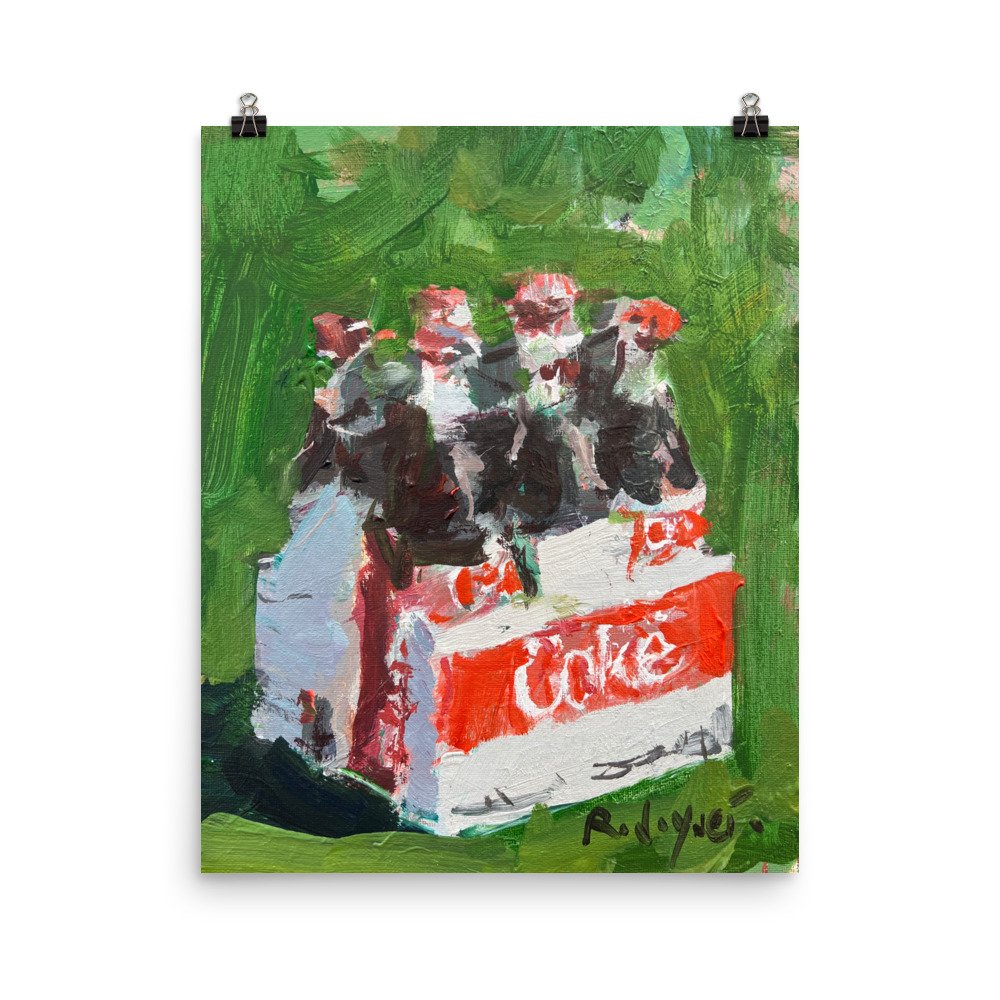 Loose expressive painting of a Diet Coke six-pack with silver bottles and red accents on a textured abstract background – modern kitchen wall art print hanging from clips