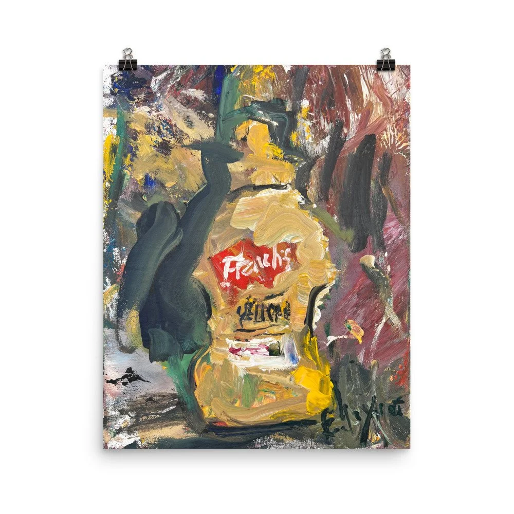 Loose expressive painting of a French’s yellow mustard bottle with bold yellow tones and abstract painterly background kitchen wall art print hanging from clips