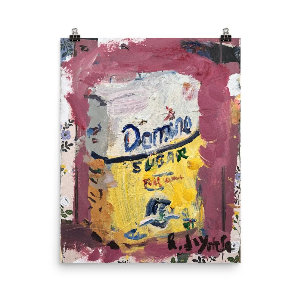 Textured expressive painting of Domino sugar yellow bag with blue script lettering and collage elements - kitchen wall art print hanging from clips