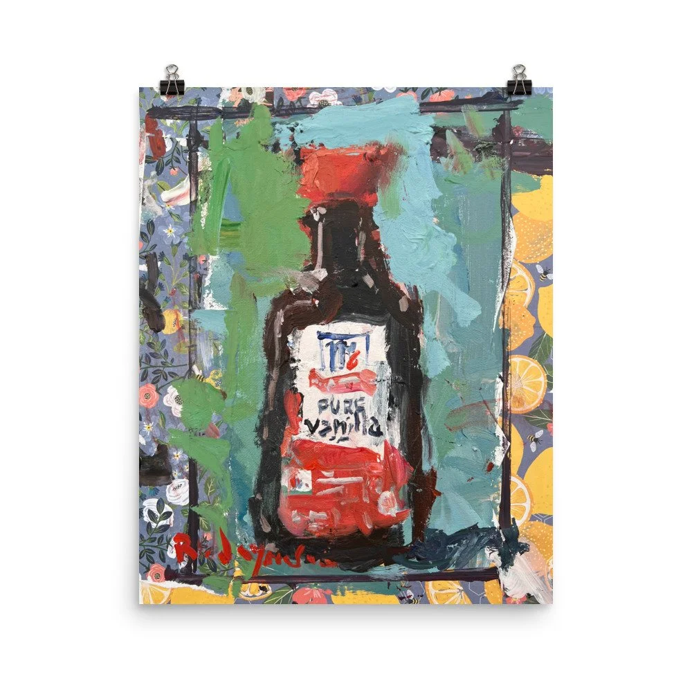 Loose expressive painting of McCormick Pure Vanilla Extract brown bottle with red cap and floral citrus collage elements - kitchen wall art print hanging from clips