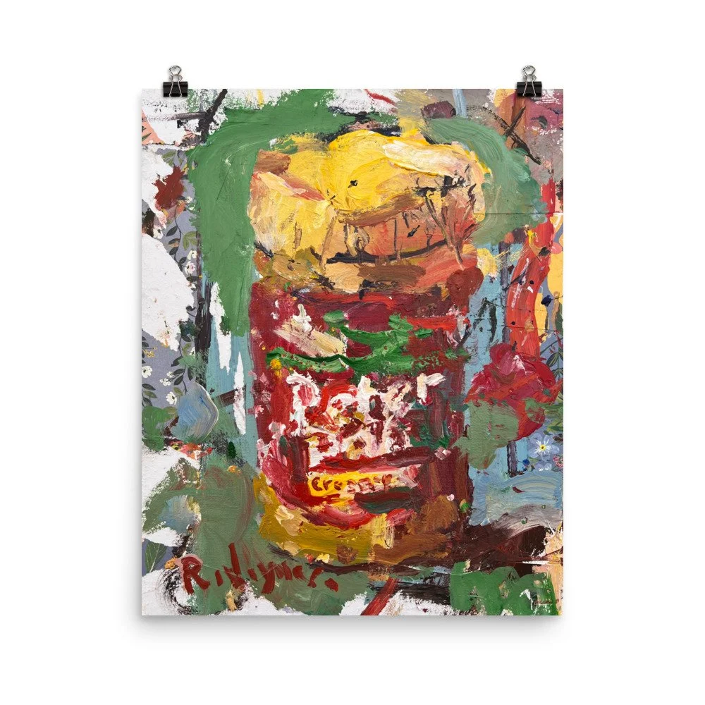 extured expressive painting of Peter Pan peanut butter jar in red with yellow cap and green label with collage elements - kitchen wall art print hanging from clips