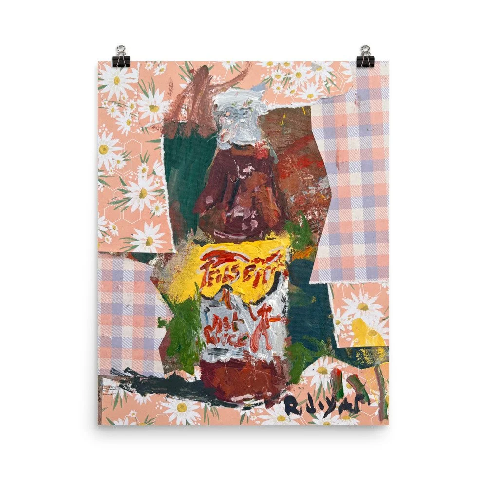 Chunky expressive painting of Texas Pete hot sauce bottle with yellow label and red lettering with collage and daisy elements - kitchen wall art print hanging from clips