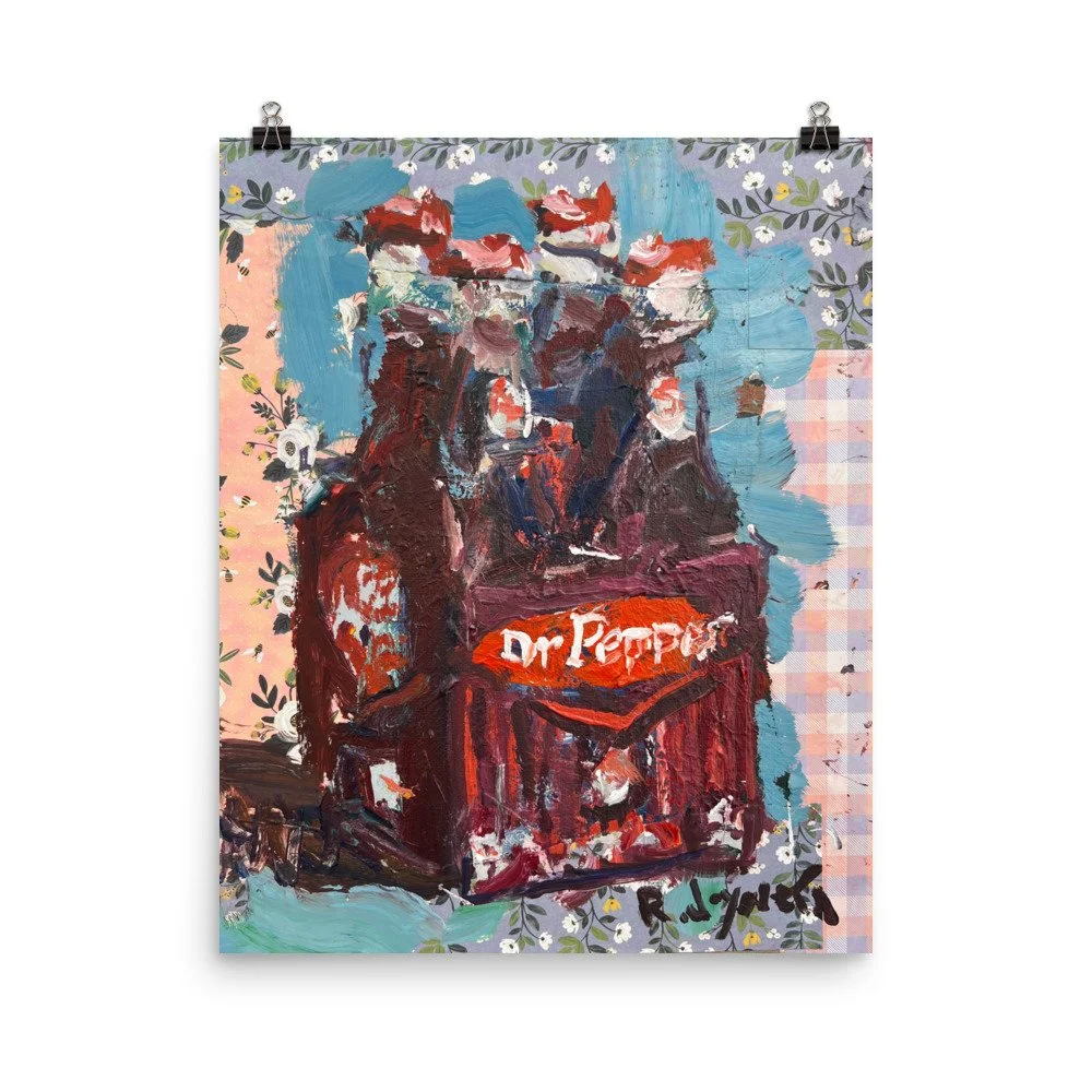 Chunky expressive painting of Dr Pepper 4-pack brown bottles with red labels and collage with floral elements - kitchen wall art print hanging from clips