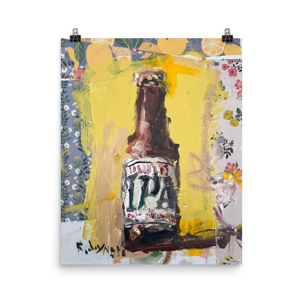 Chunky expressive painting of Lagunita's IPA beer bottle with collage with floral elements - kitchen wall art print hanging from clips