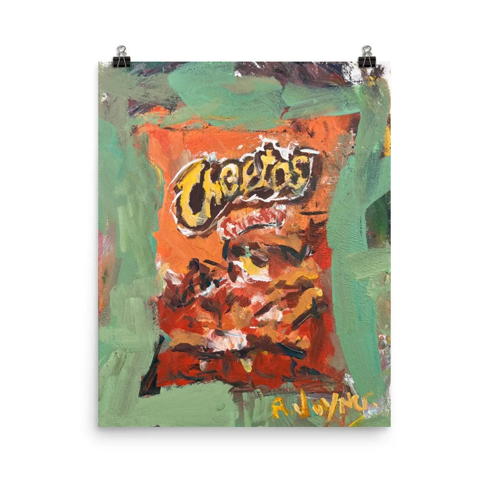 Cheetos fine art print by Robert Joyner, loose and expressive food artwork hanging from clips