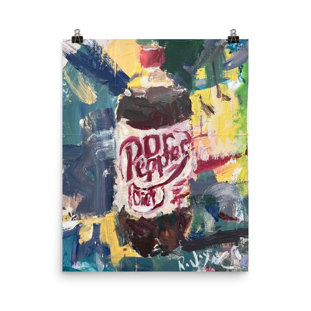 Bold expressive painting of Diet Dr Pepper 2-liter brown bottle with burgundy and white label on colorful background - kitchen wall art print hanging from clips