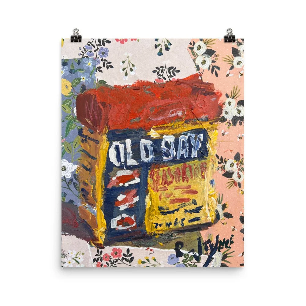 Bold expressive painting of Old Bay seasoning blue and yellow tin with red top and floral collage elements - kitchen wall art print hanging from clips