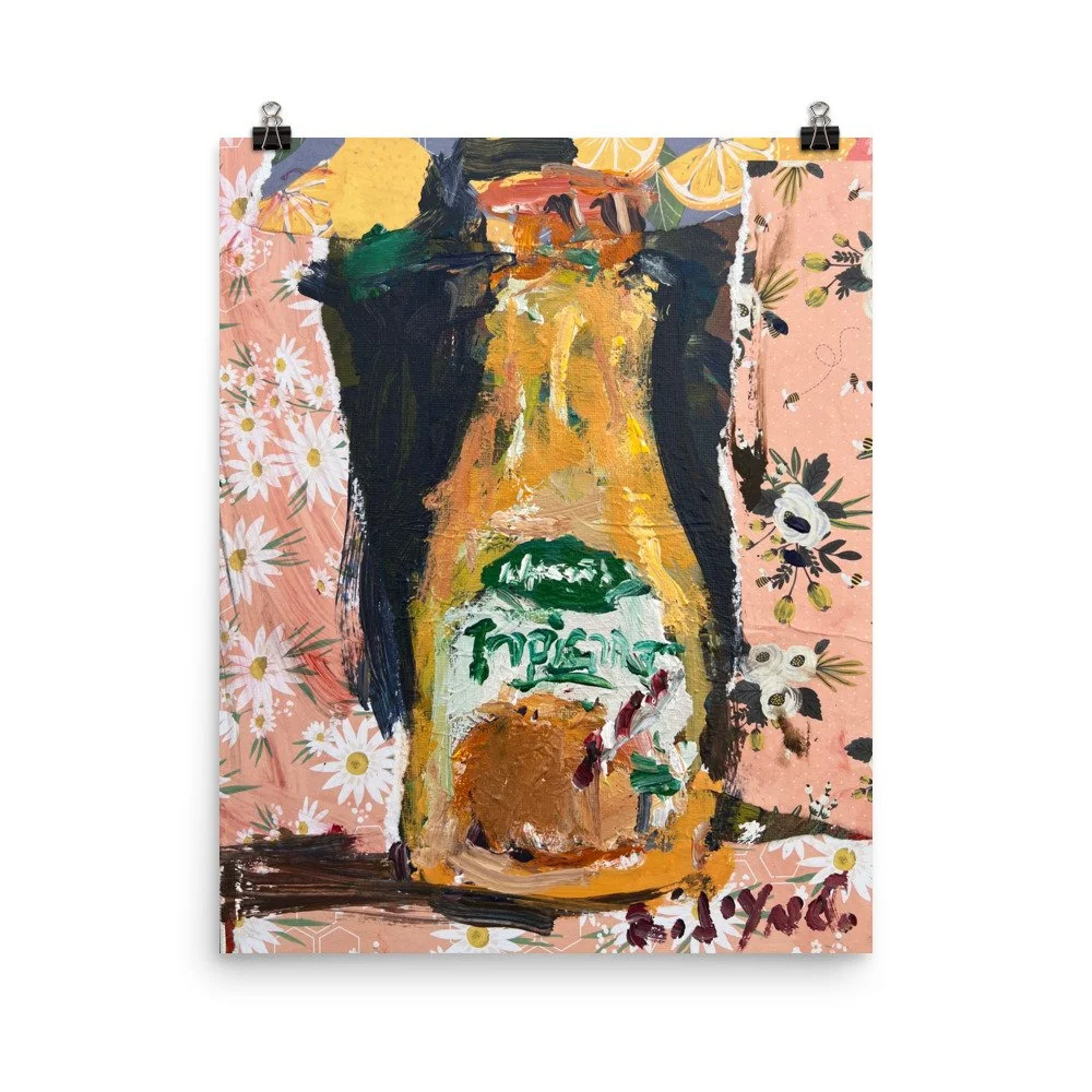 Bold expressive painting of Tropicana orange juice bottle with orange cap and green label with daisy and citrus collage elements - kitchen wall art print hanging from clips