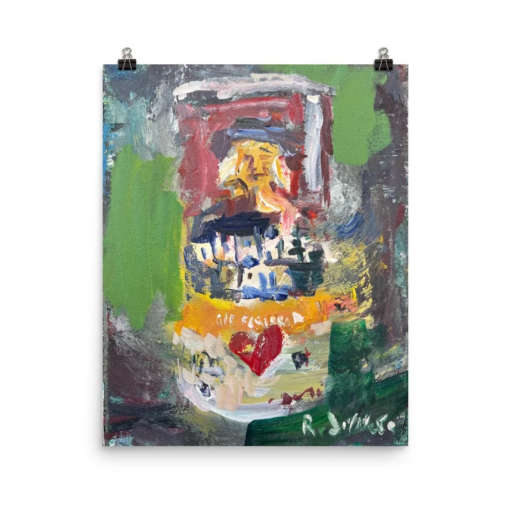 Museum-quality print of original Quaker Oats painting. Bold expressive breakfast oatmeal art hanging from clips