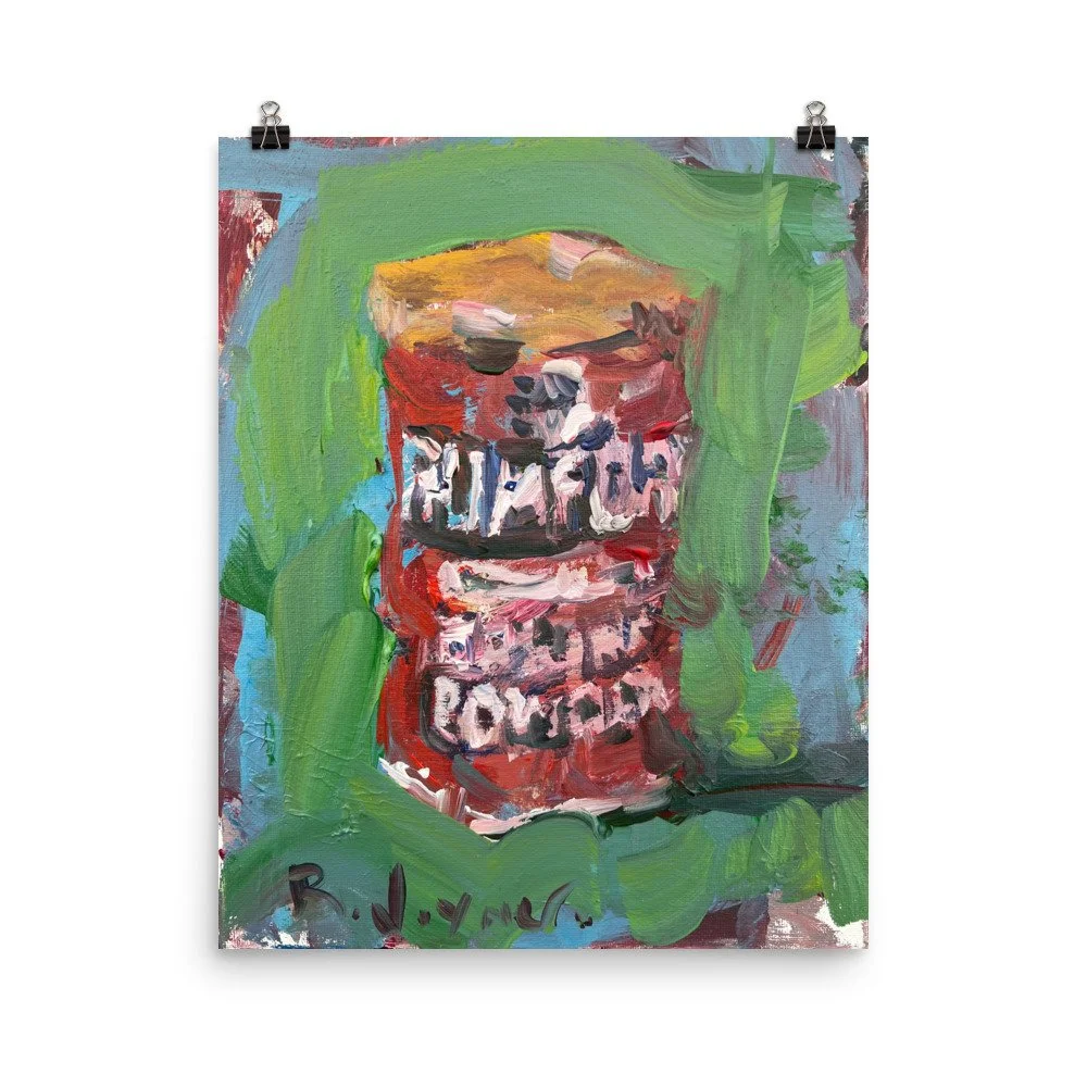 Museum-quality print of an original Rumford Baking Powder painting hanging from clips