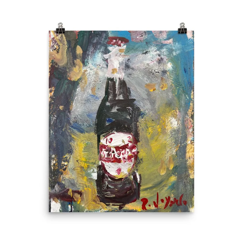 Museum-quality print of an original Dr Pepper bottle painting. Bold expressive soda art with painterly texture and vintage Americana charm hanging from clips