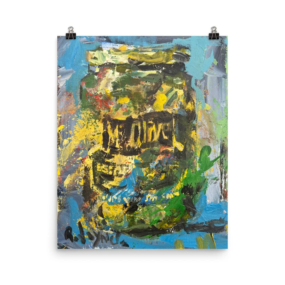 Museum-quality print of original Mt. Olive Pickles painting. Bold expressive pickle jar art with vibrant greens and yellows hanging from prints