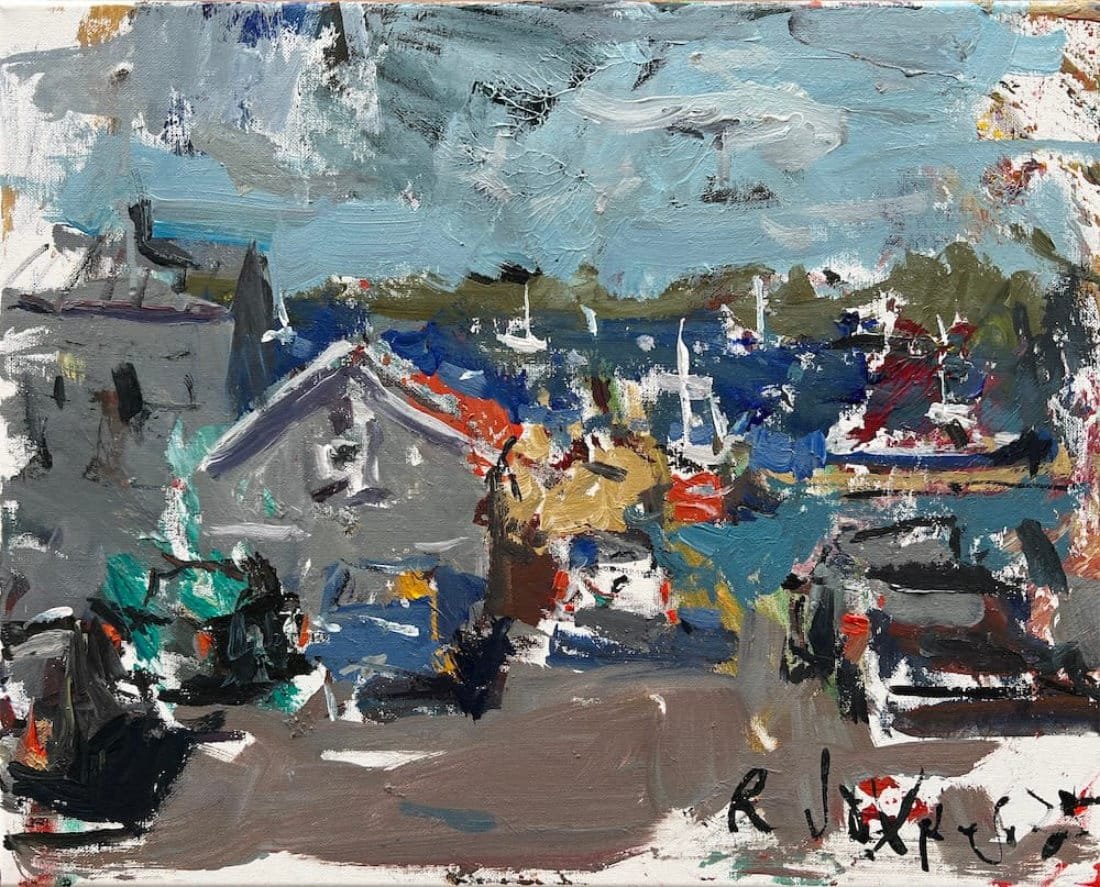 Expressive harbor painting featuring weathered fish houses and work trucks