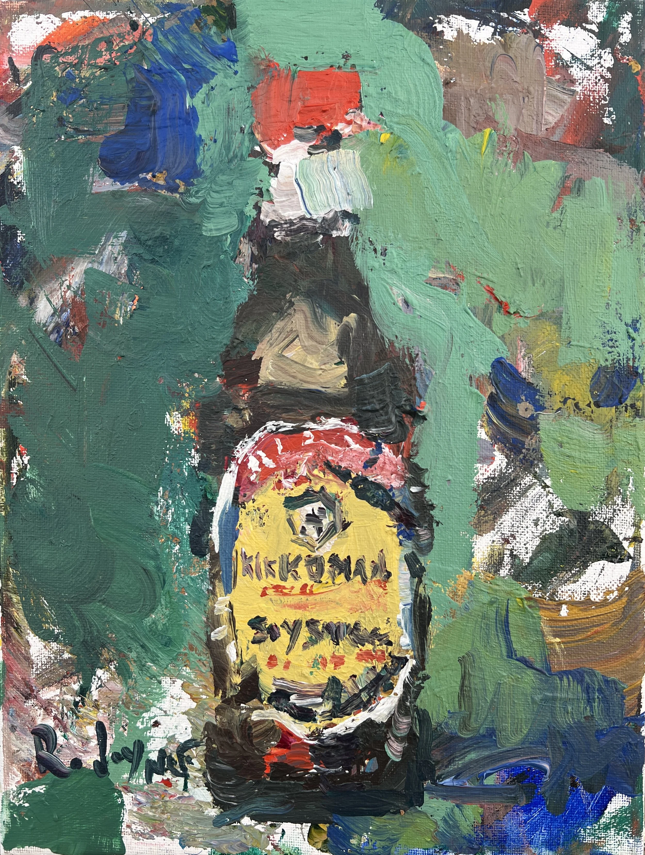 Loose expressive original painting of Kikkoman soy sauce bottle in yellow and red on canvas - kitchen wall art