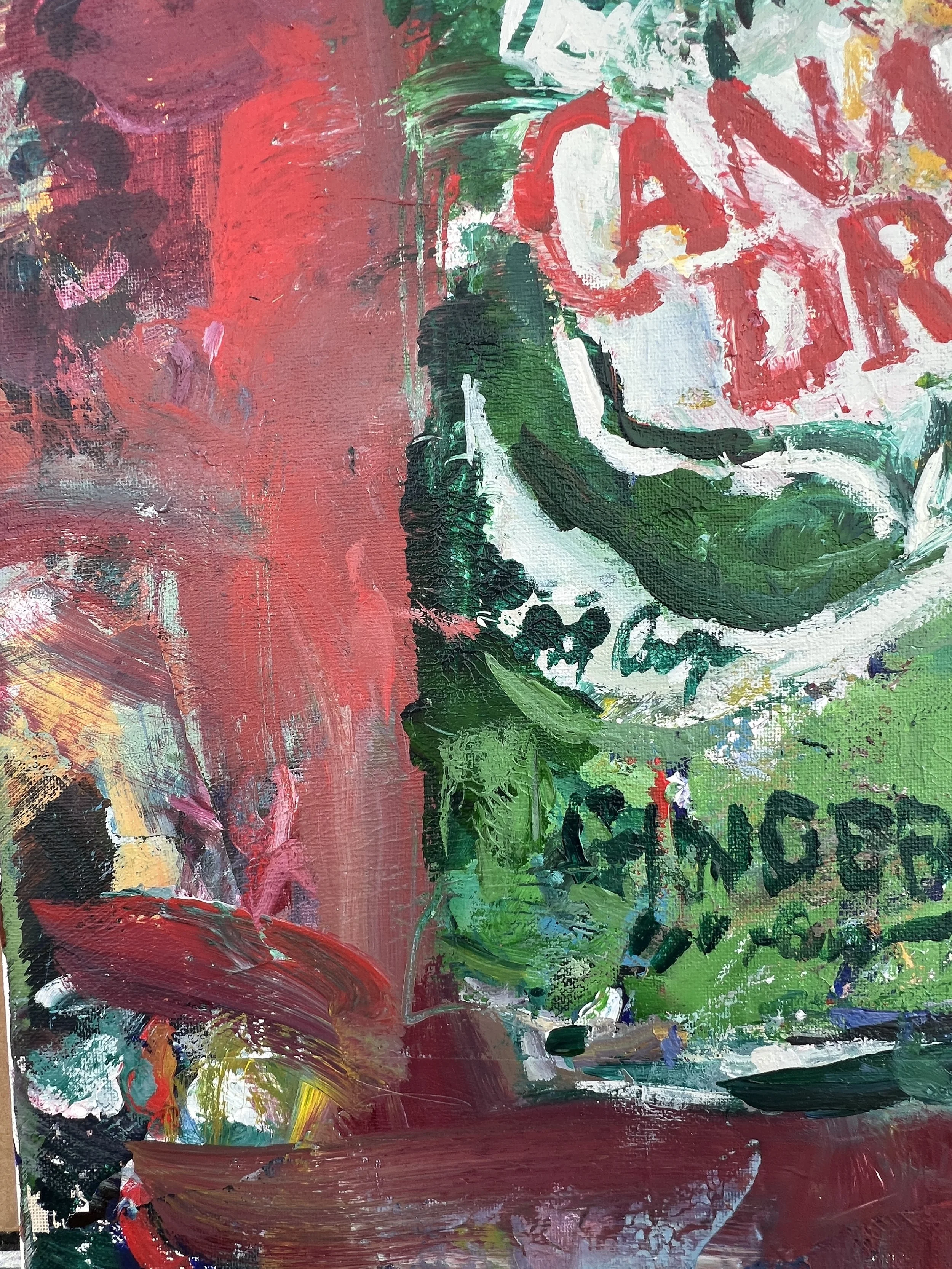 Bold expressive painting of Canada Dry ginger ale green and red can with shield logo in vibrant colors, acrylics on 20x16 canvas - close up 4