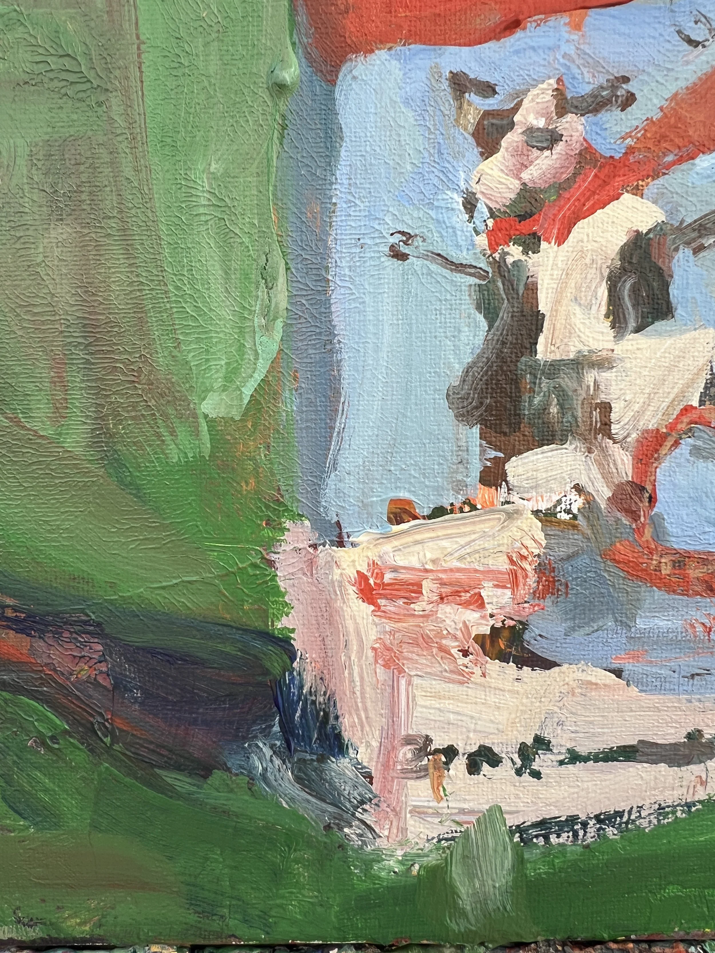 Brushwork detail of Loose expressive acrylic painting of a Trader Joe’s egg nog carton