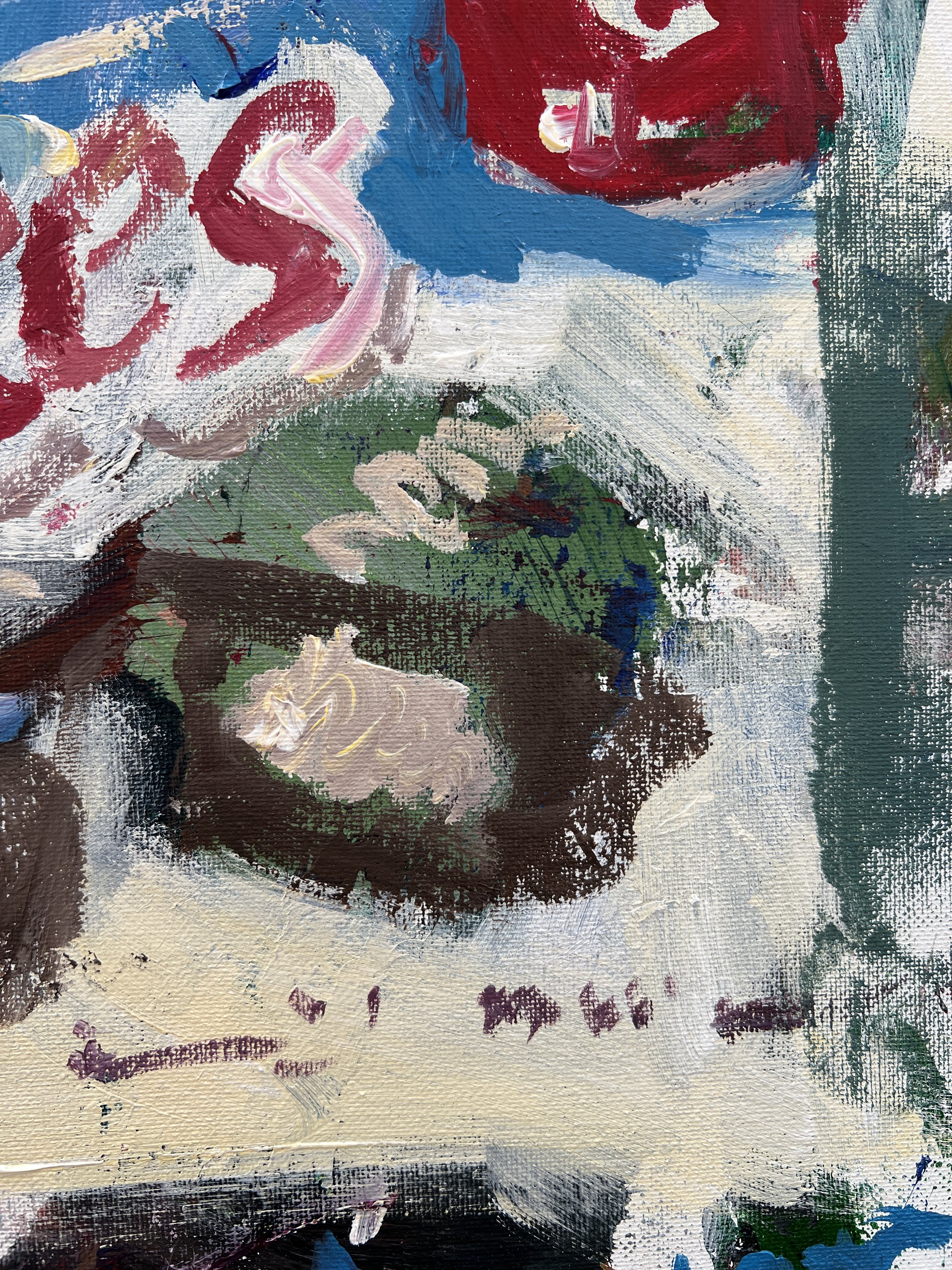 Bold expressive painting of Hostess Cupcakes orange box with chocolate cupcakes and white squiggle, acrylics on 20x16 canvas - close up 4