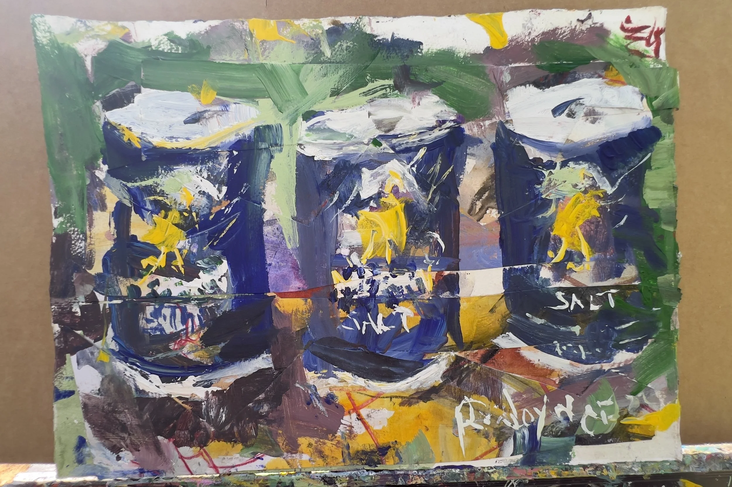 Abstract mixed media painting titled Morton's Salt Containers, deep blue and yellow tones with collage elements, by Robert Joyner shows all edges