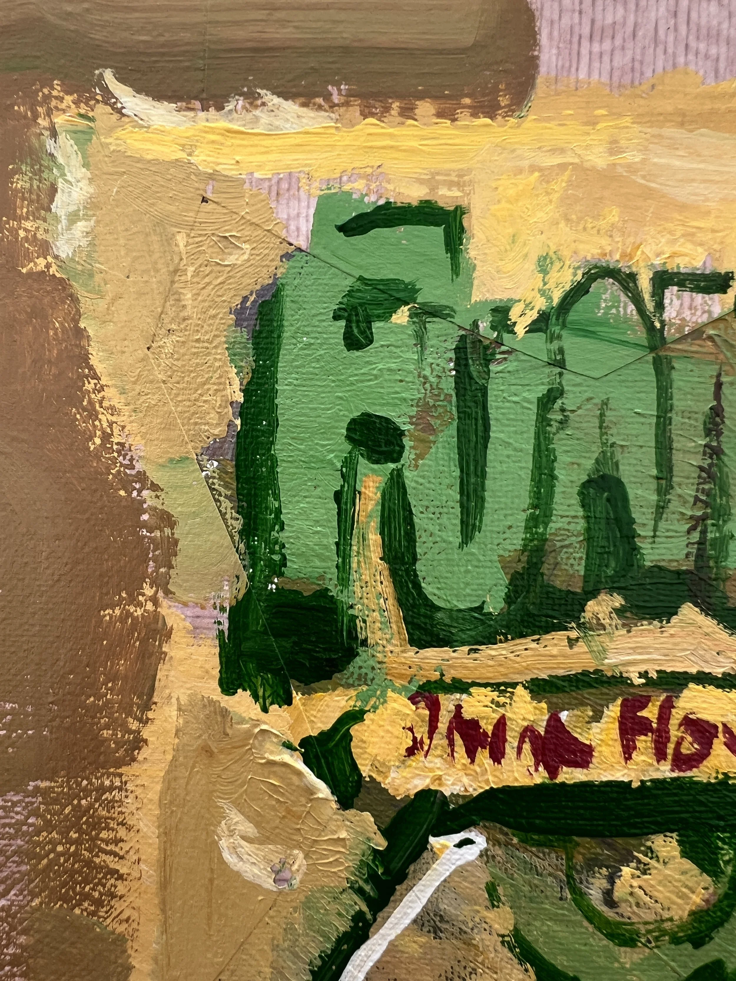 Bold expressive painting of Funyuns onion rings yellow bag with red logo and collage elements, acrylics on 11x14 canvas - close up 1