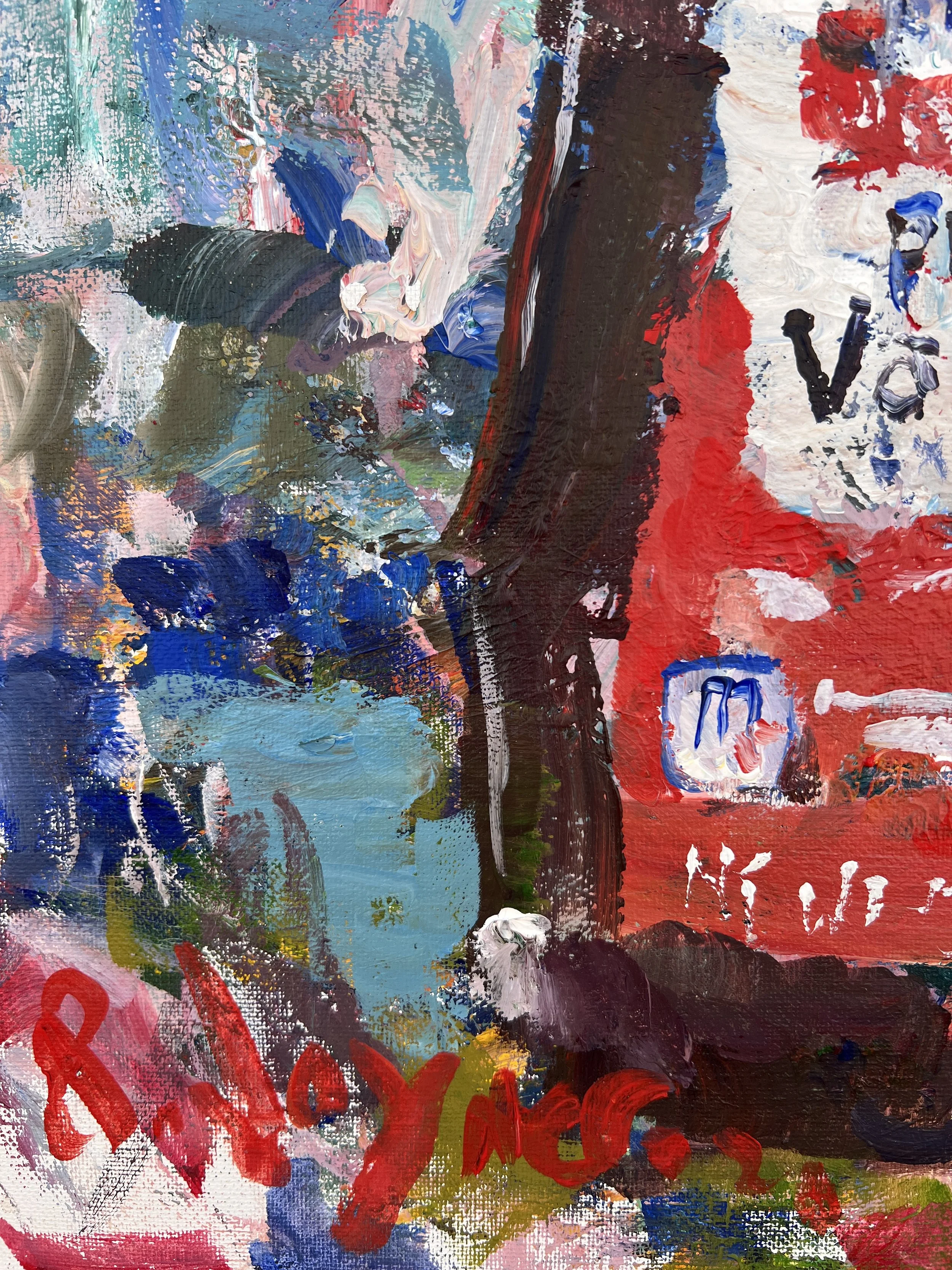 Bold expressive painting of McCormick Pure Vanilla Extract brown bottle with red cap, acrylics on 20x16 canvas - close up 3