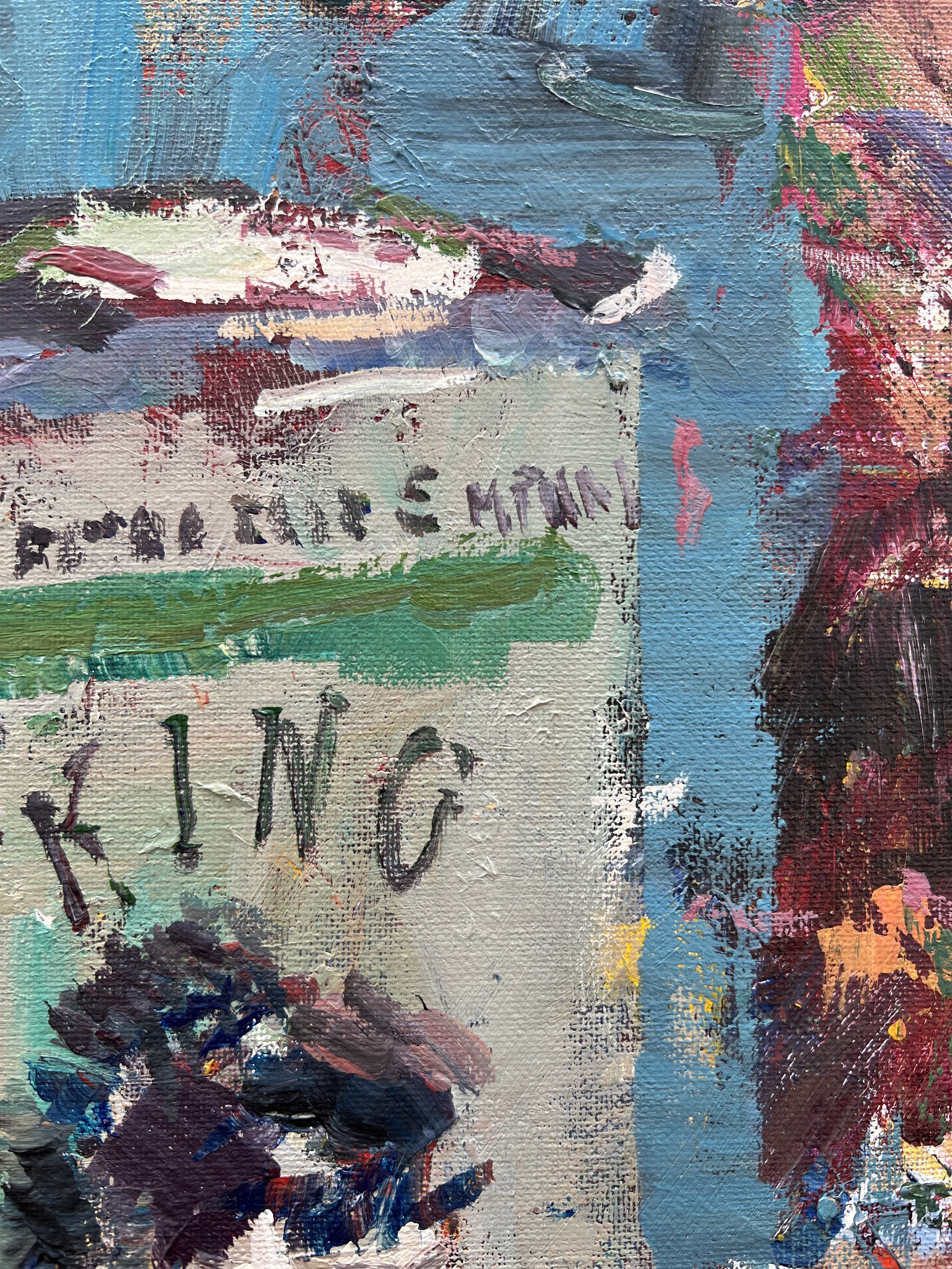 Bold expressive painting of King Kenzo extra virgin olive oil tin can with Mediterranean label, acrylics on 20x16 canvas - close up 2