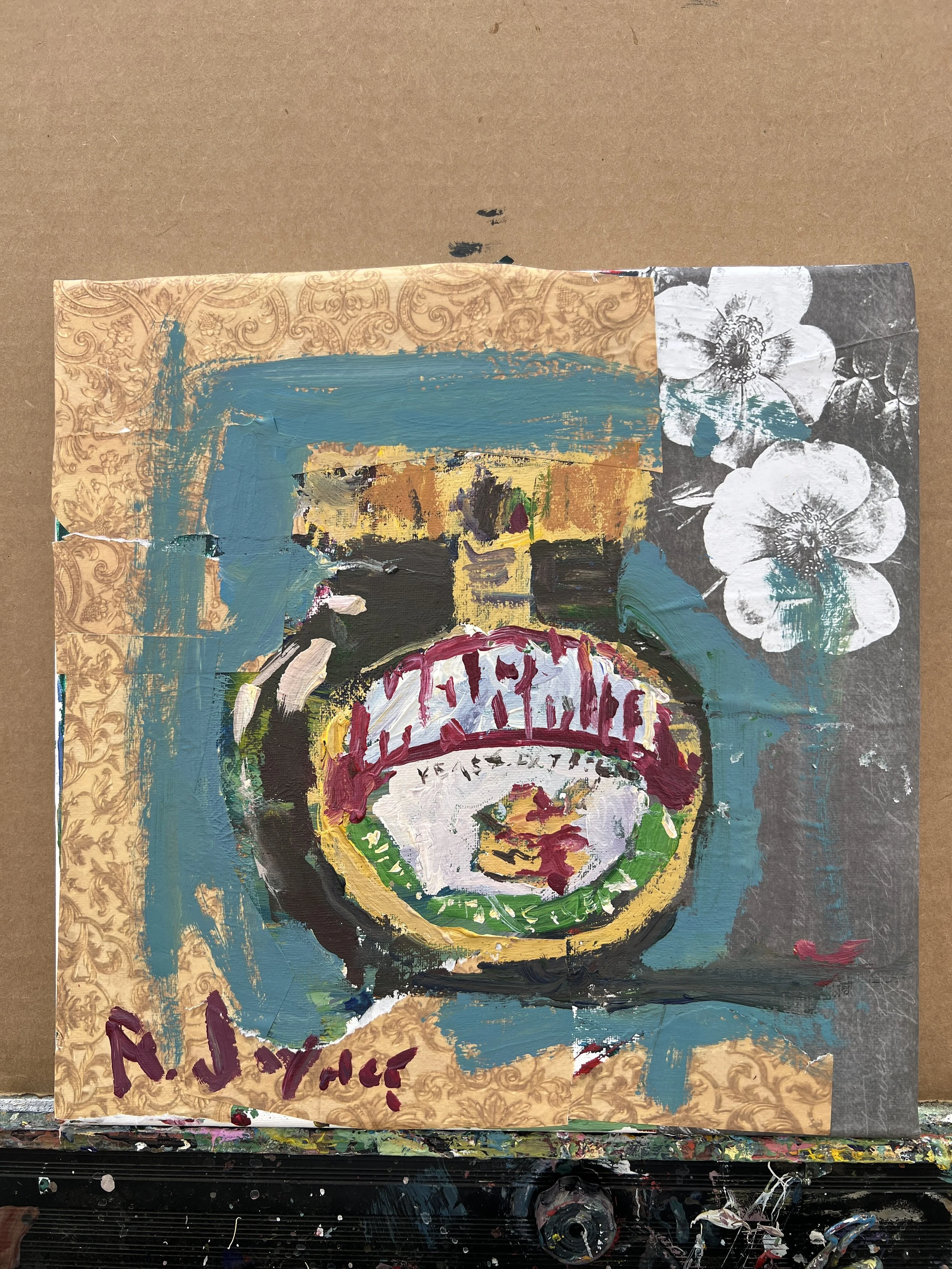 Bold expressive painting of Marmite yeast extract jar with yellow cap and collage elements, acrylics on 12x12 canvas - shows all edges