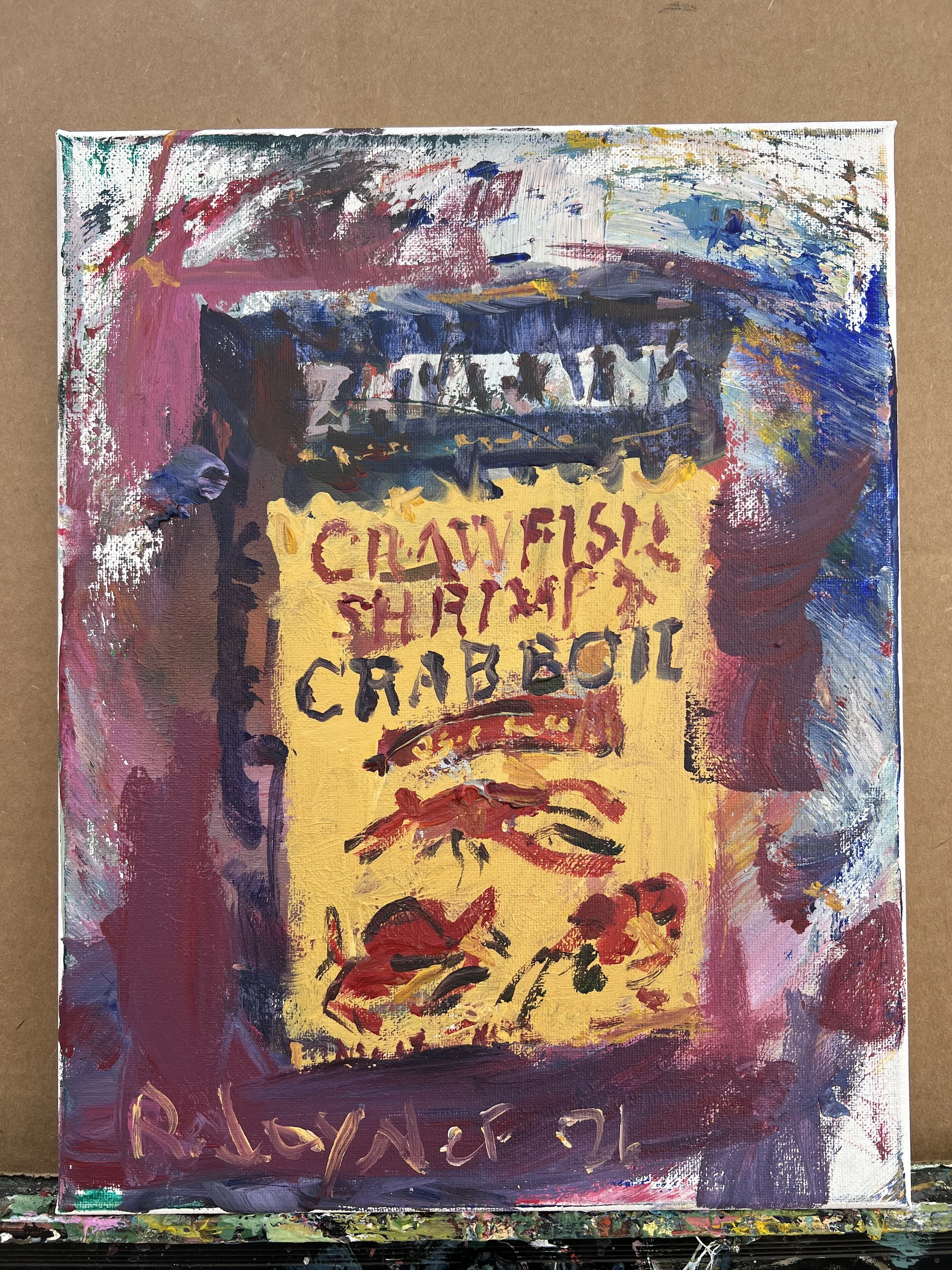 Bold, vibrant still life featuring a box of Zatarain's Crawfish, Shrimp & Crab Boil seasoning painting shows all edges