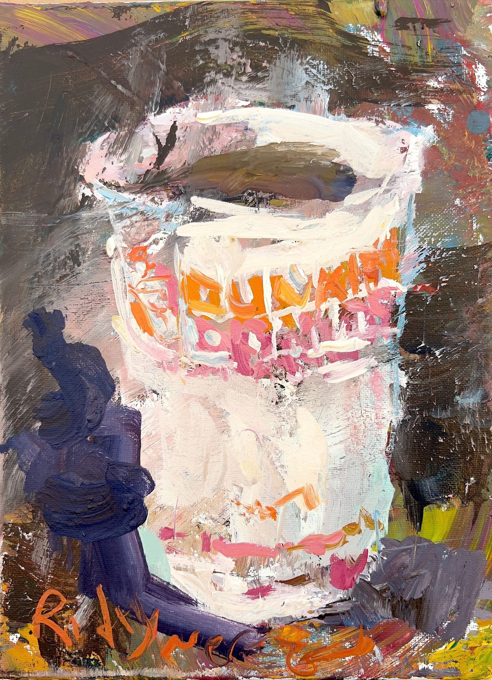 Dunkin' Donuts coffee cup food pop art painting with pink and purple colors, original acrylic artwork on canvas