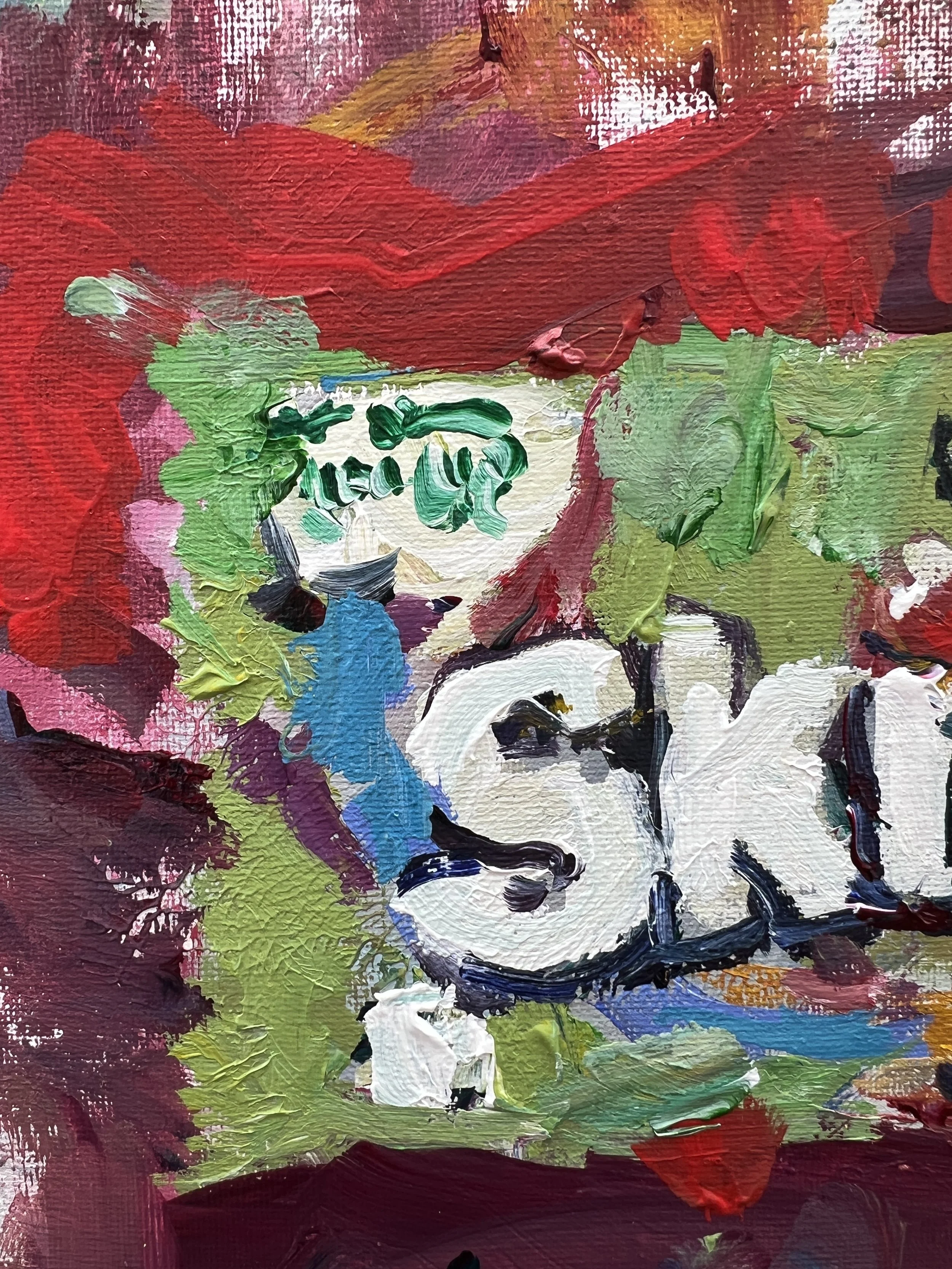 Bold expressive painting of Skittles Sour green candy bag with rainbow candies, acrylics on 12x9 canvas - close up 1