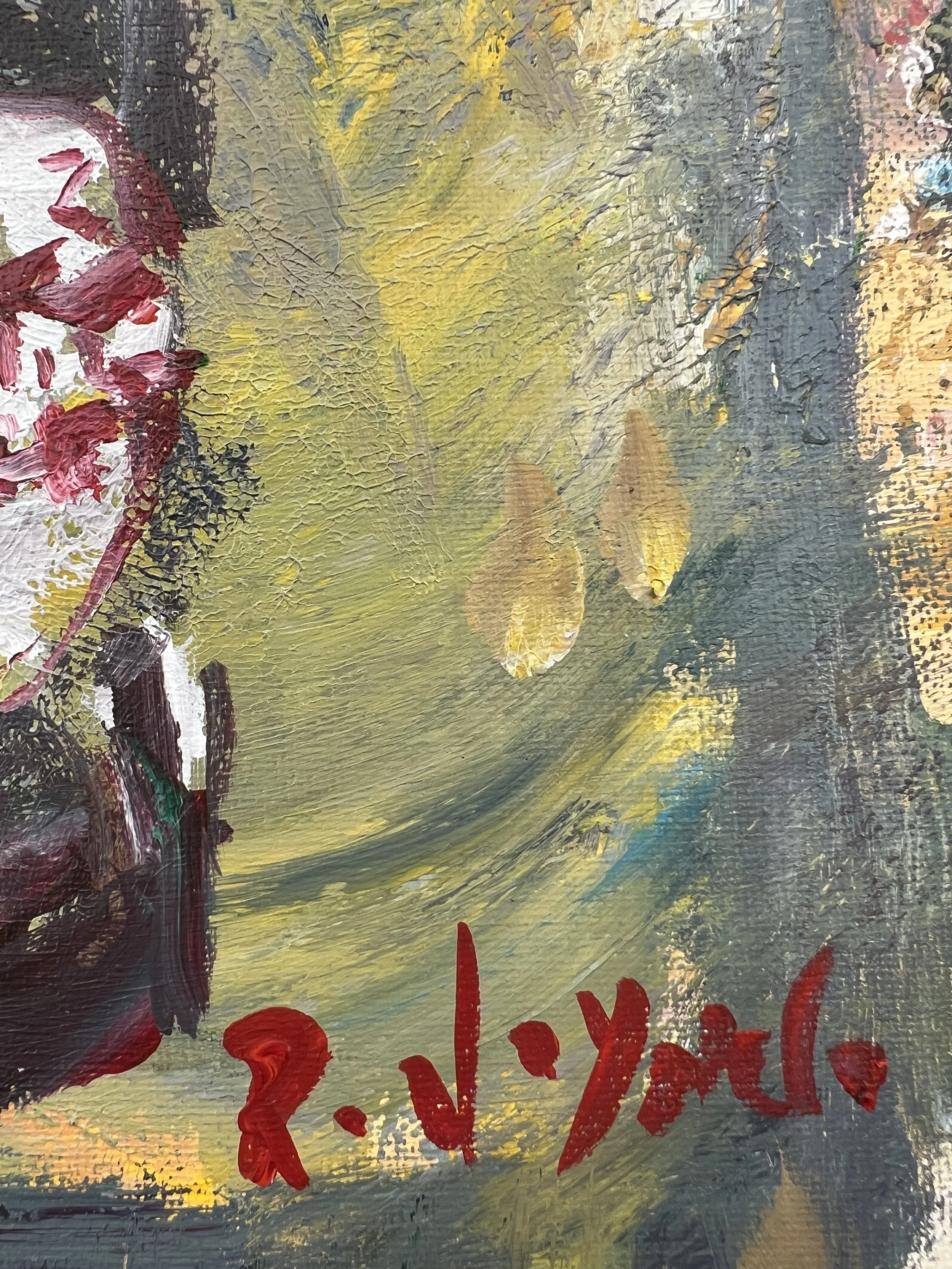 Brushwork detail of Loose expressive acrylic painting of a vintage Dr Pepper soda bottle
