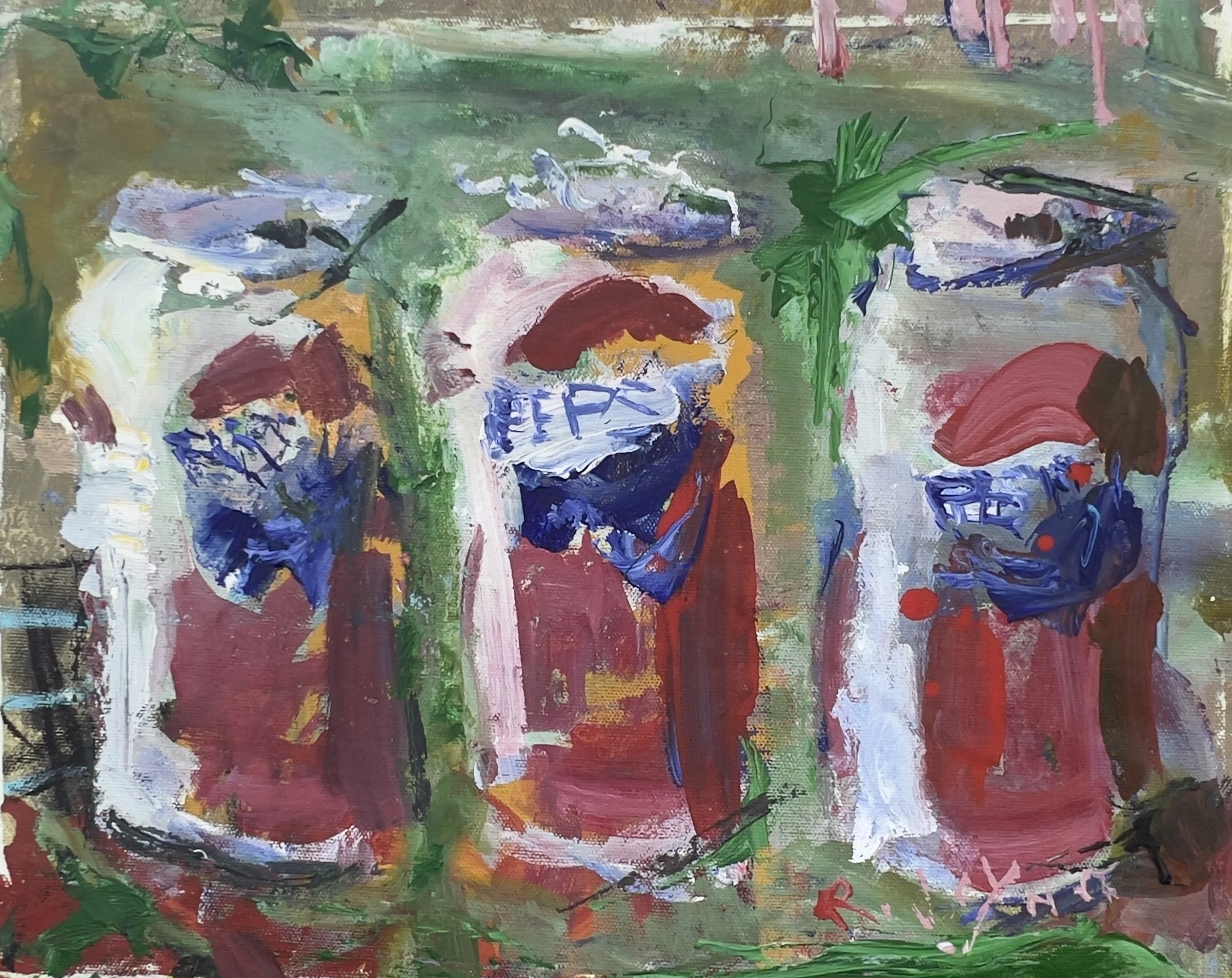 Abstract mixed media painting of three Pepsi cans in red and blue by Robert Joyner