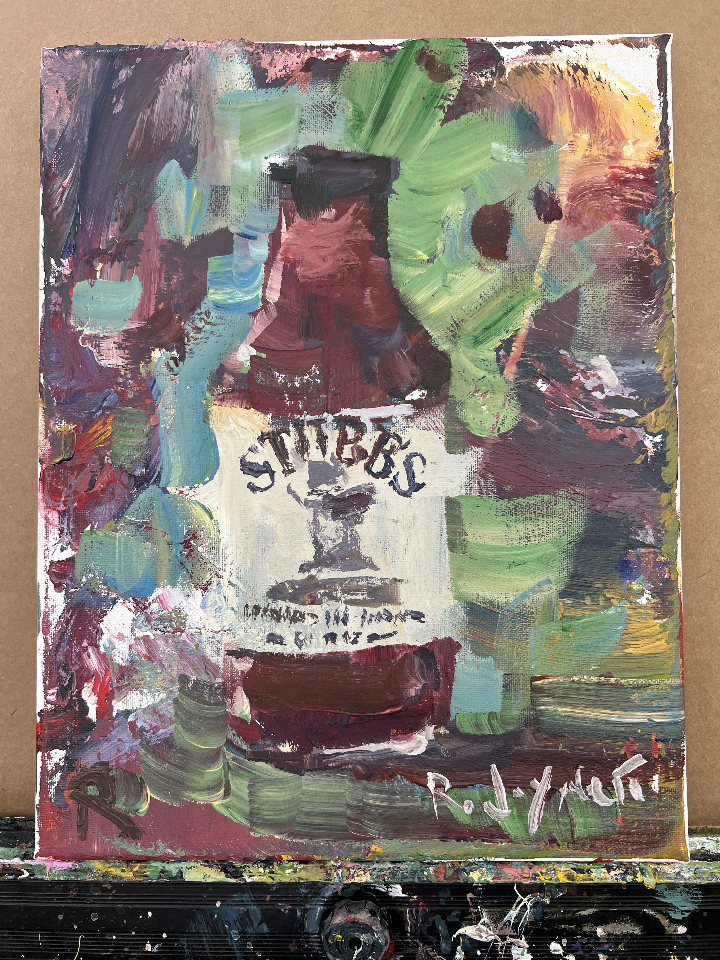 Bold expressive painting of Stubb's BBQ sauce jar with bold label, acrylics on 11x14 canvas - BBQ kitchen wall art - shows all edges