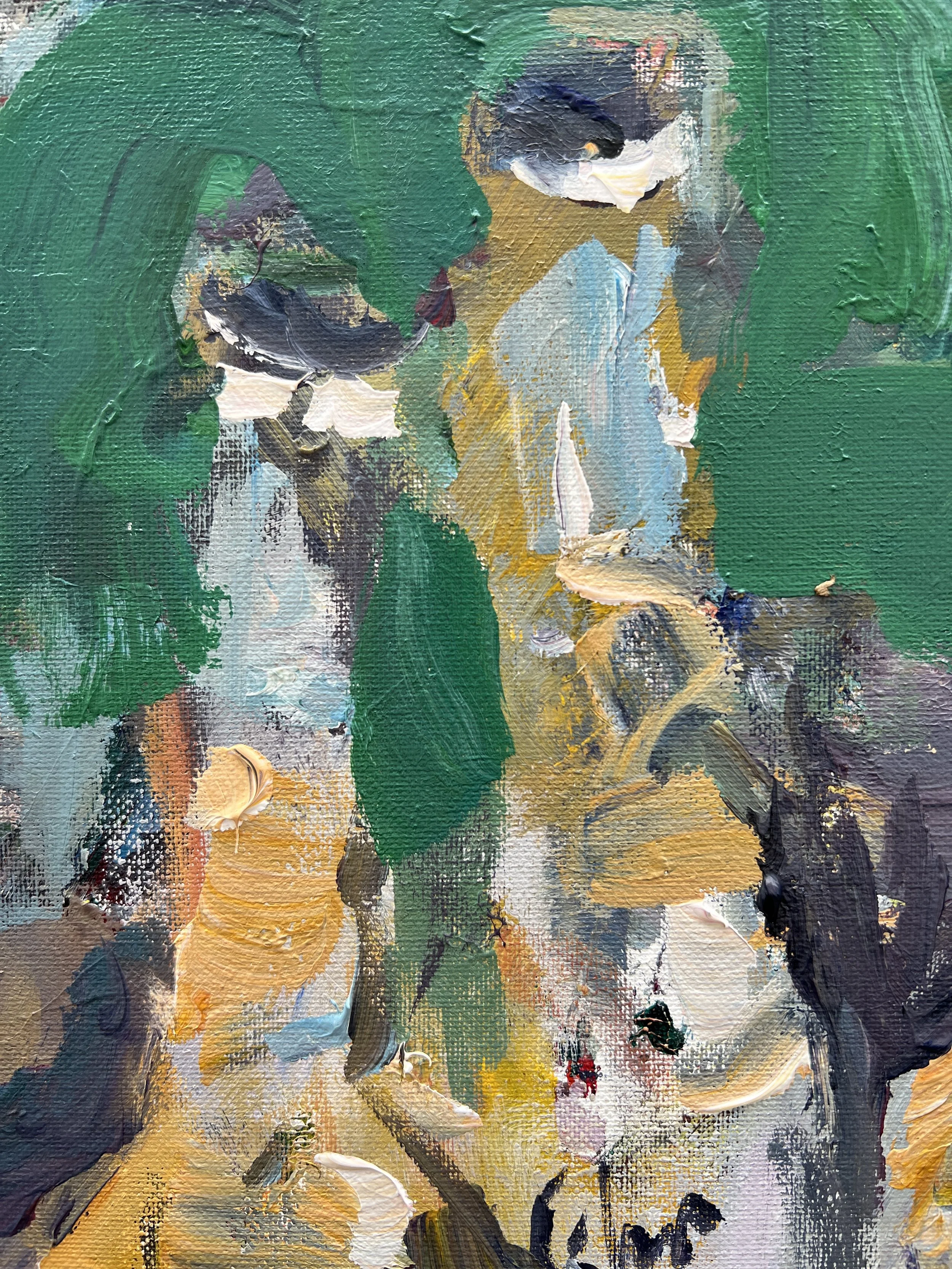 Bold expressive painting of three Corona beer bottles with lime wedges, acrylics on 20x16 canvas - close up 1