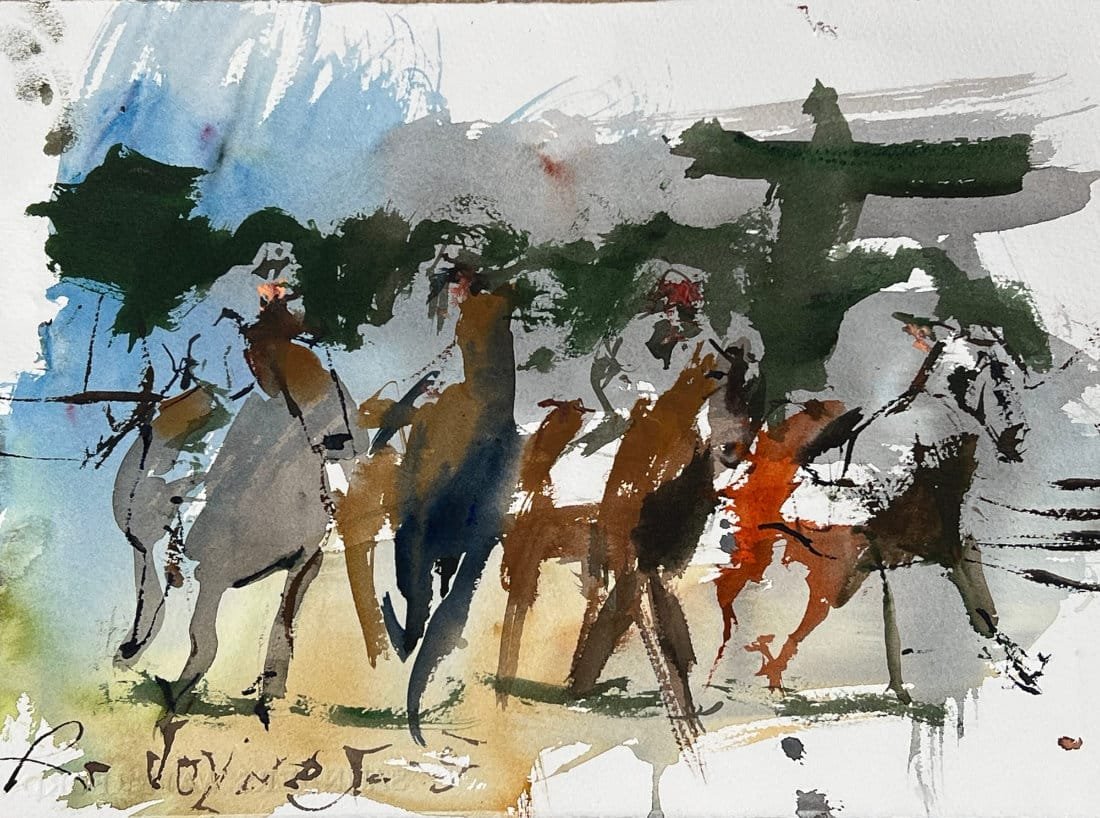 Watercolor horse race artwork with loose brushwork and negative painting techniques