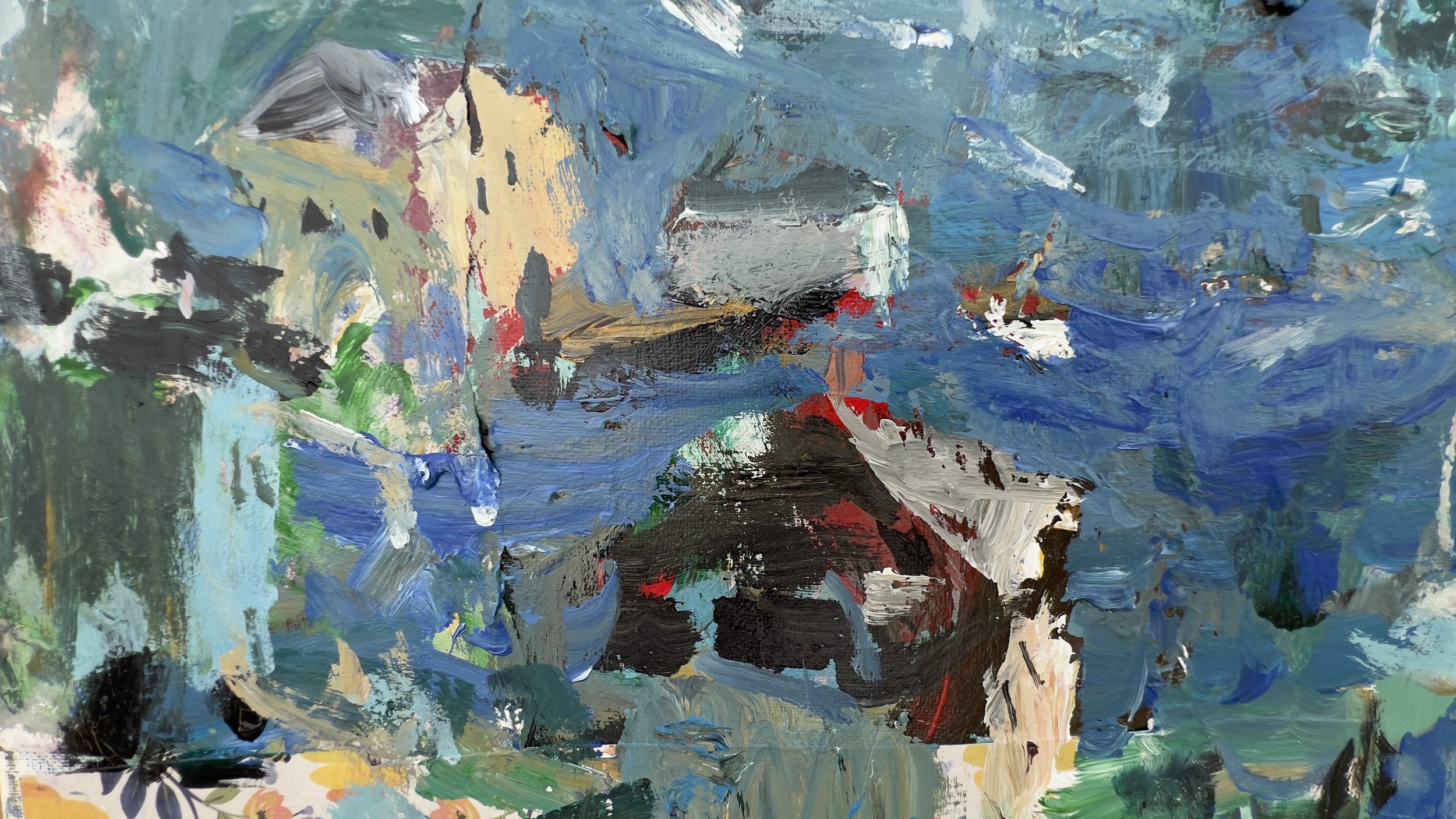 Expressive coastal harbor mixed media and collage painting with boats and buildings by Robert Joyner