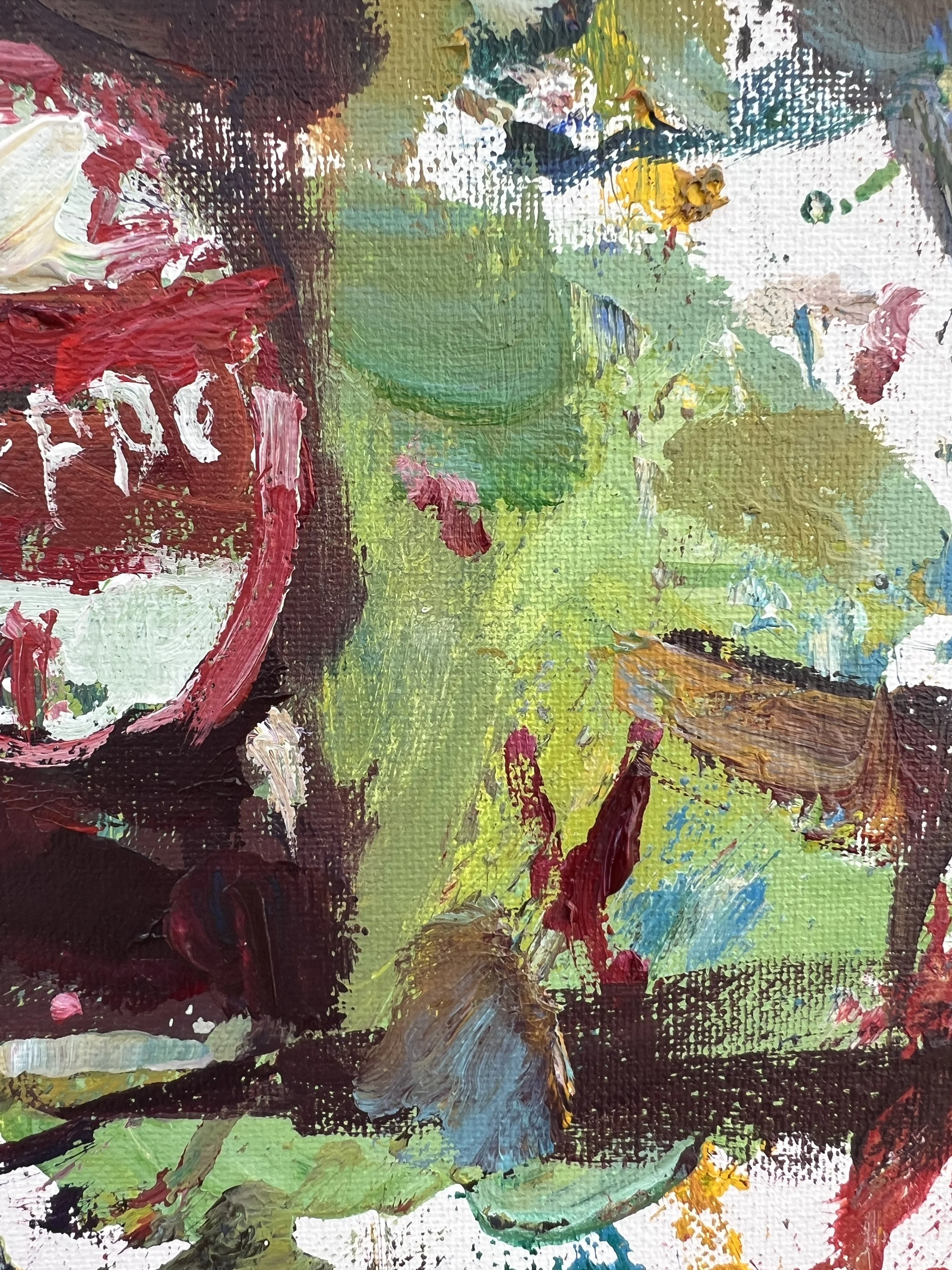 Bold, expressive still life featuring a vintage Dr Pepper bottle painting close up 4
