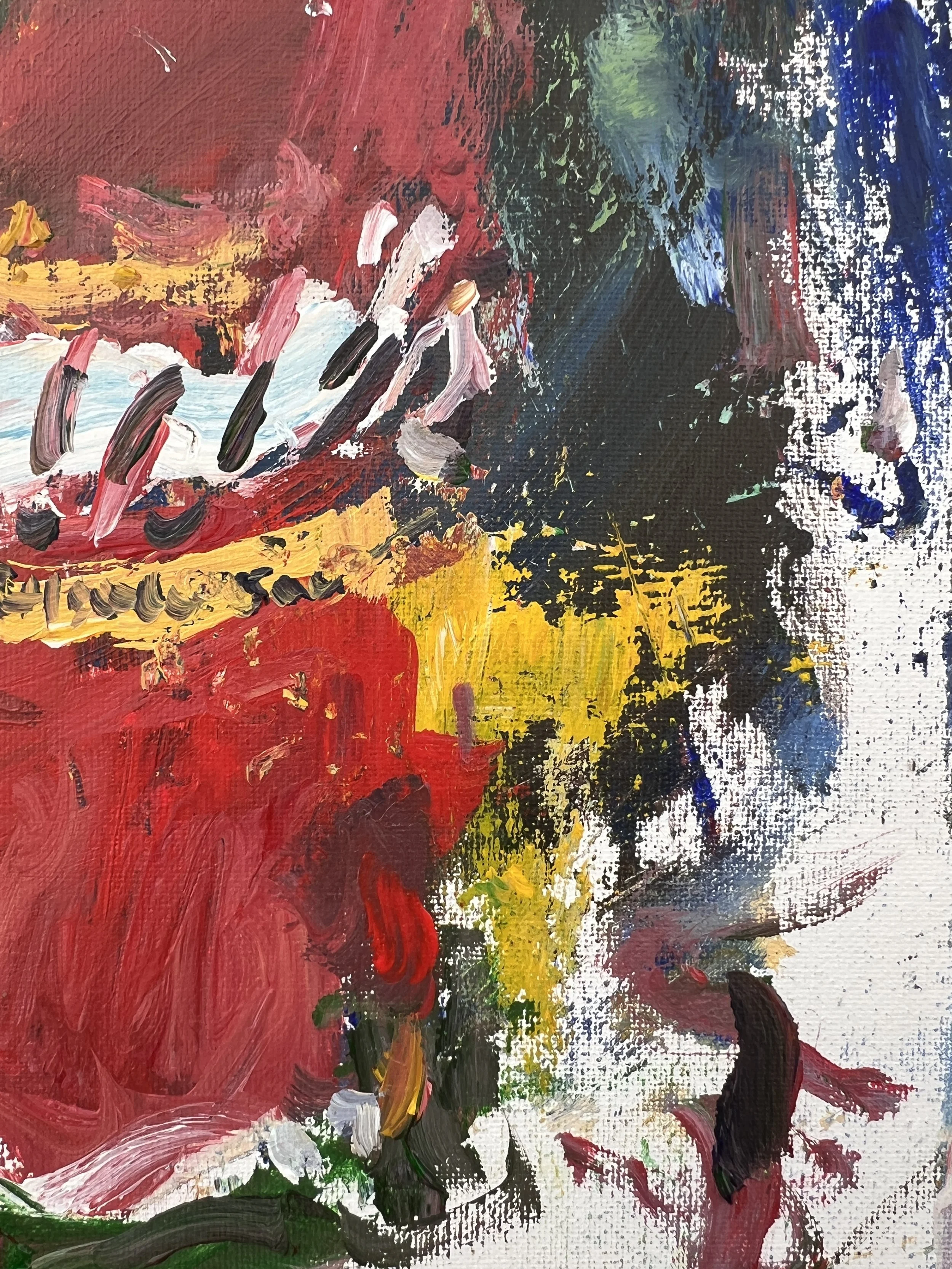 Bold expressive painting of Raising Cane's red and white cup with chicken finger logo, acrylics on 14x11 canvas - close up 4