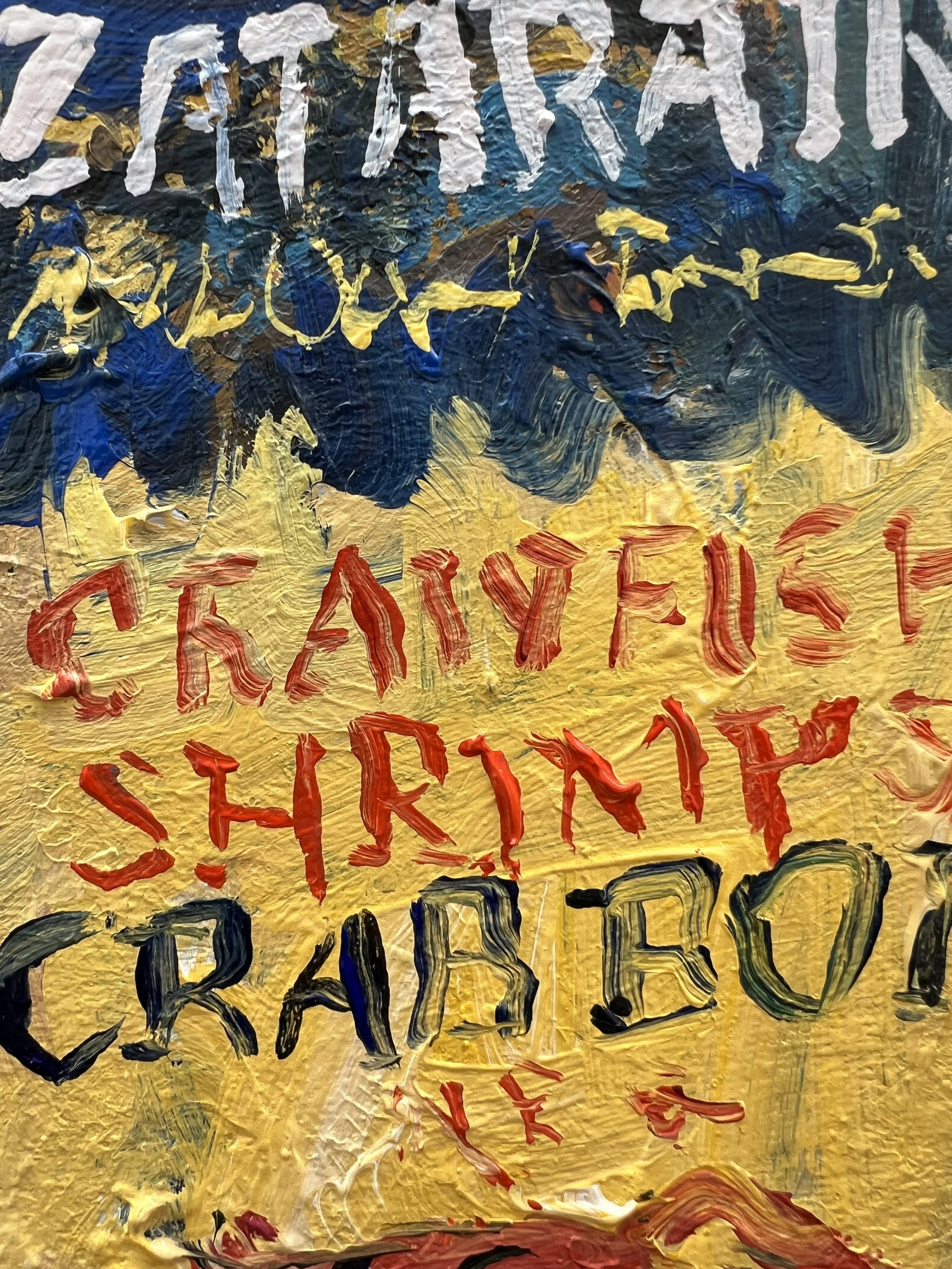 Brushwork detail of Loose expressive original painting of Zatarain's crawfish boil seasoning box