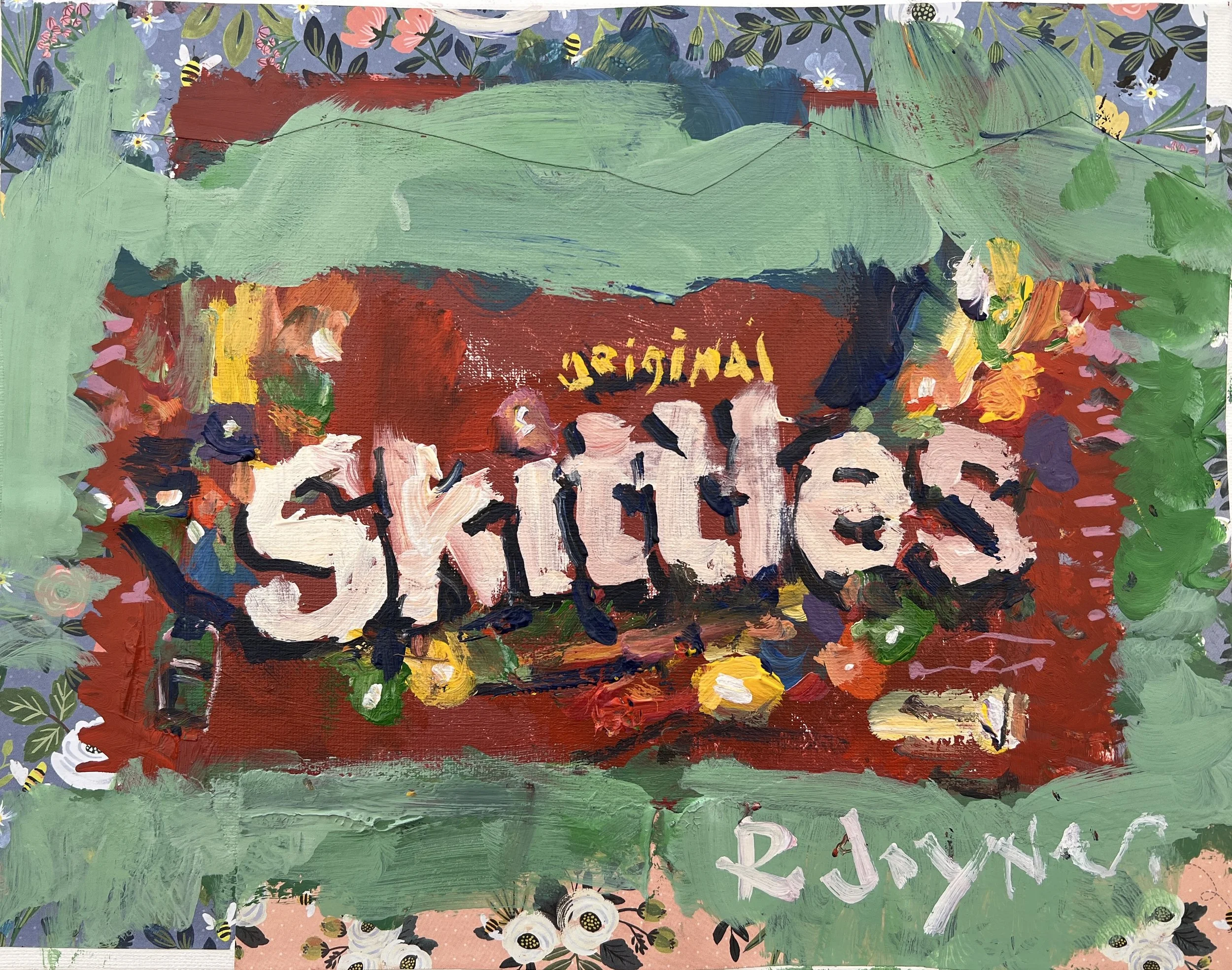 Vibrant expressive painting of Skittles Original candy red bag with yellow lettering, acrylics and collage with floral and bee elements on 11x14 canvas - kitchen wall art