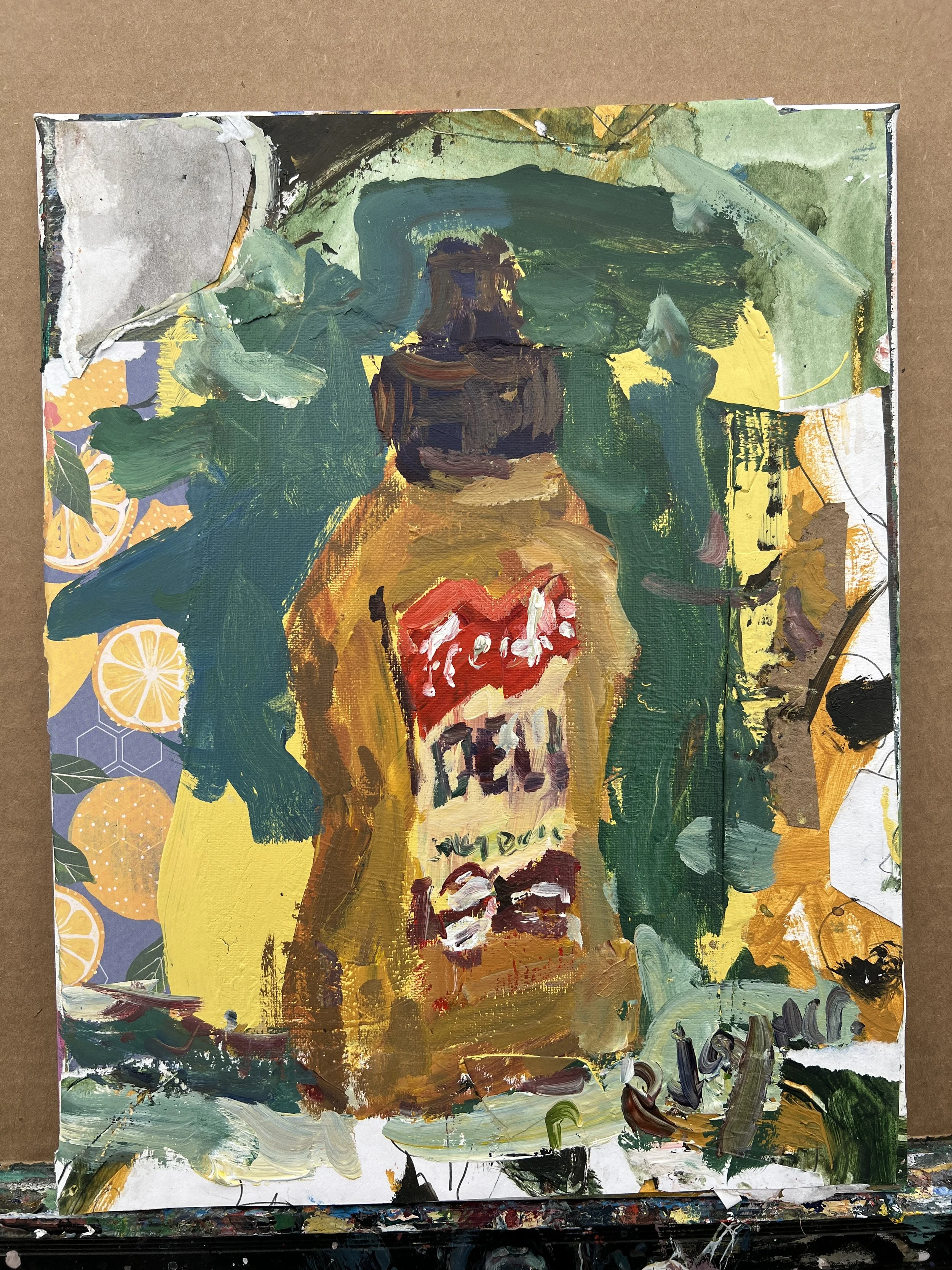 Bold expressive painting of French's Mustard yellow squeeze bottle with red label and collage elements with textured brushstrokes, acrylics on 14x11 canvas - deli kitchen wall art shows all edges